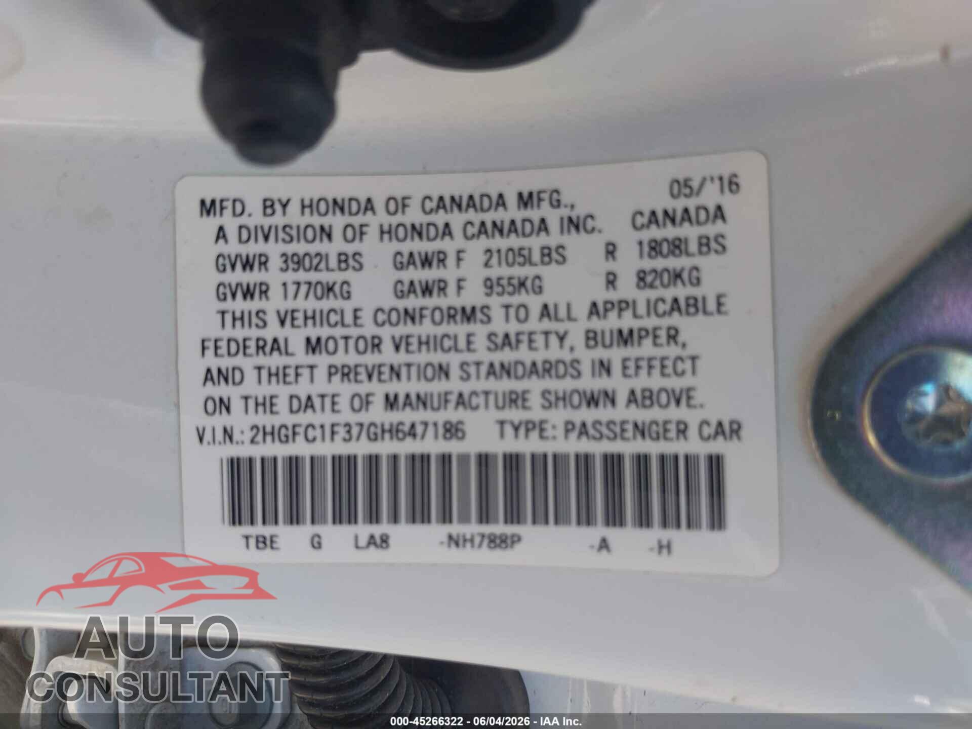 HONDA CIVIC 2016 - 2HGFC1F37GH647186