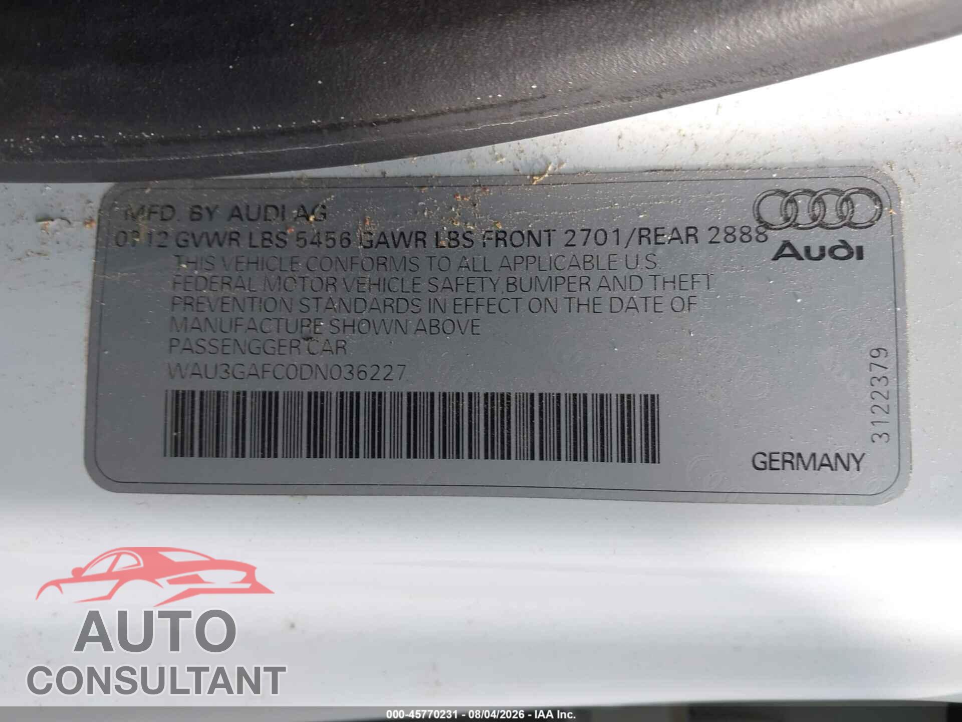 AUDI A7 2013 - WAU3GAFC0DN036227