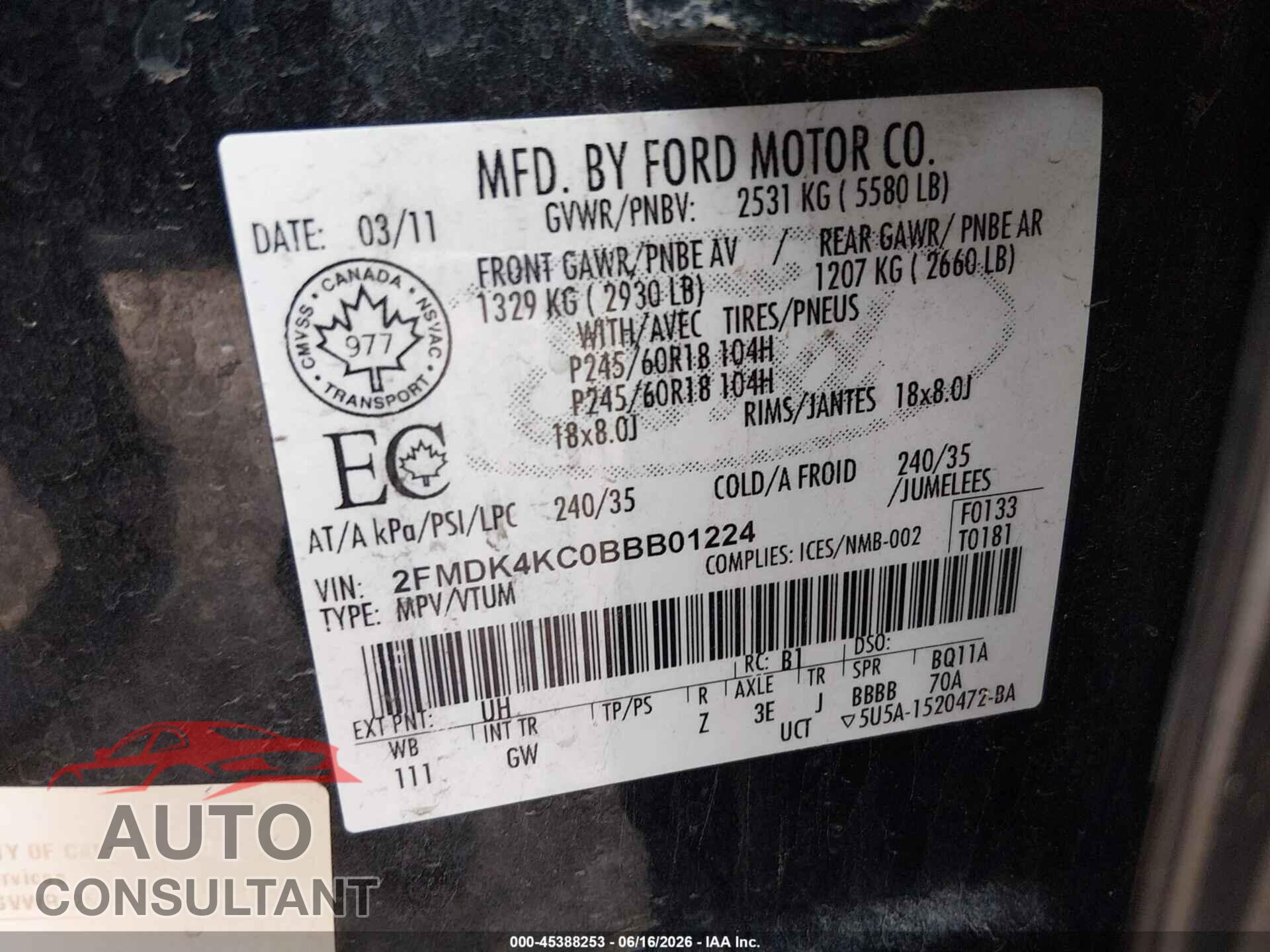 FORD EDGE 2011 - 2FMDK4KC0BBB01224