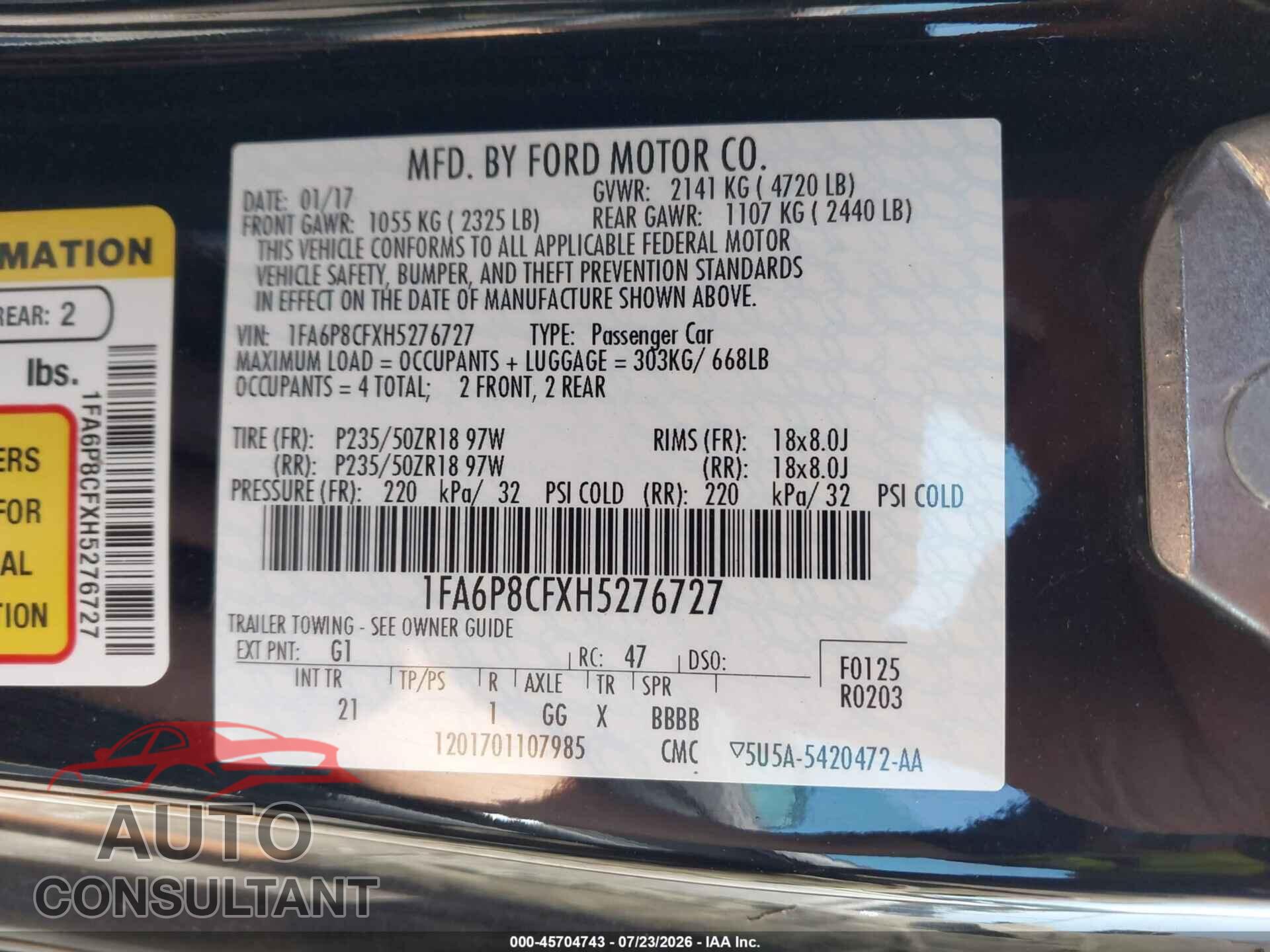 FORD MUSTANG 2017 - 1FA6P8CFXH5276727
