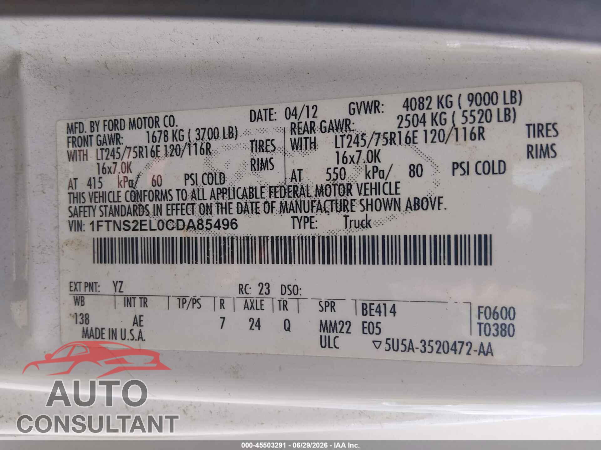 FORD E-250 2012 - 1FTNS2EL0CDA85496