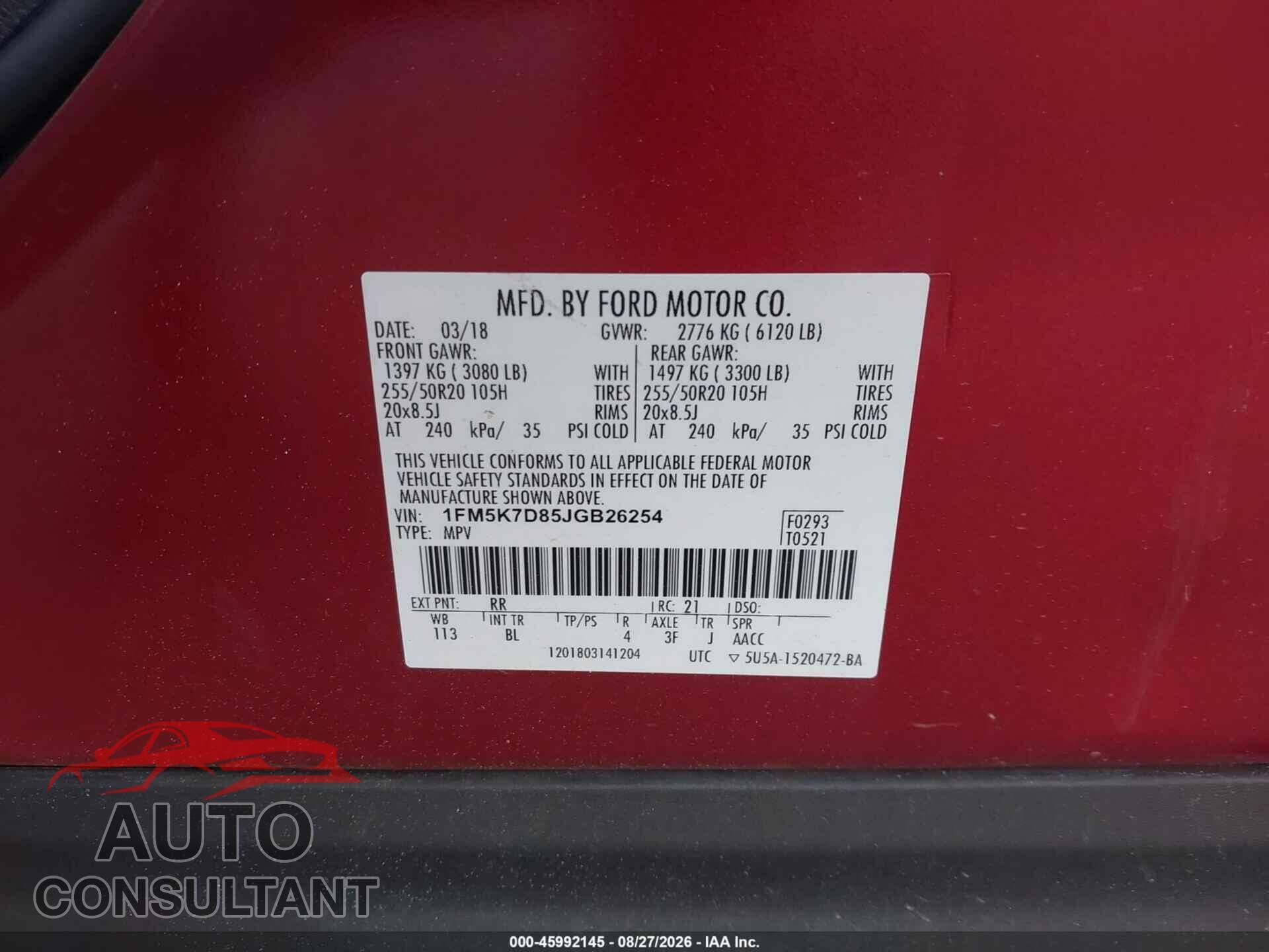 FORD EXPLORER 2018 - 1FM5K7D85JGB26254