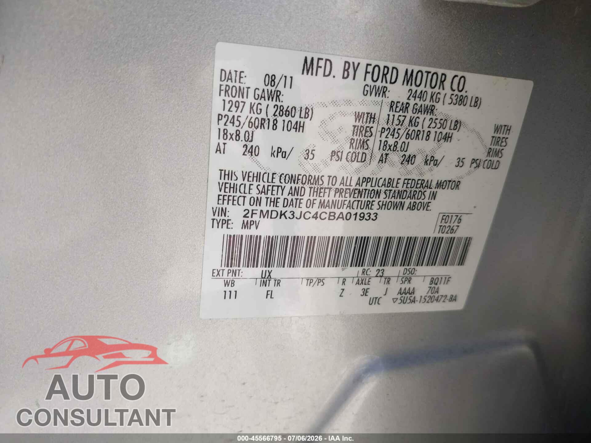 FORD EDGE 2012 - 2FMDK3JC4CBA01933