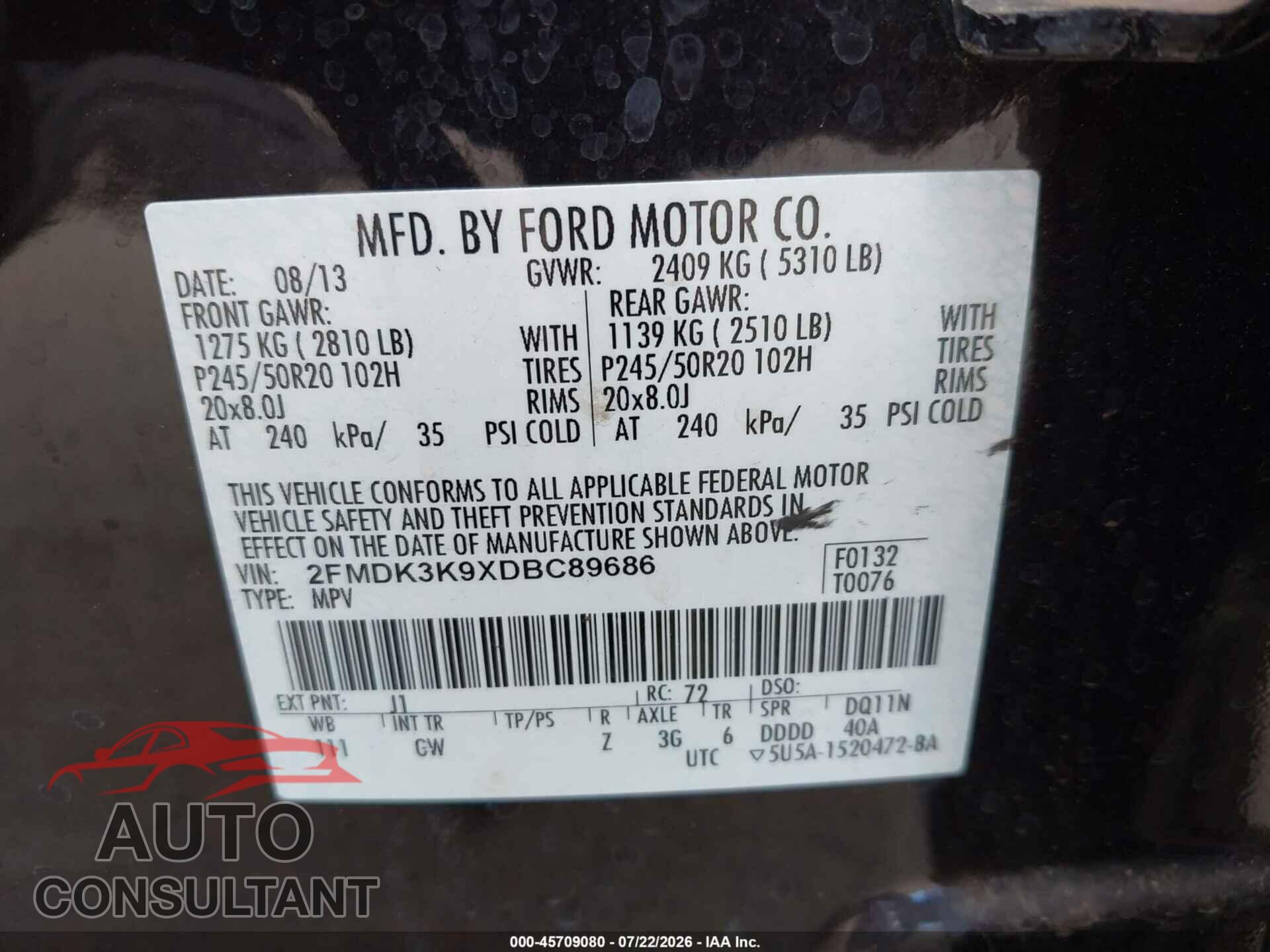 FORD EDGE 2013 - 2FMDK3K9XDBC89686