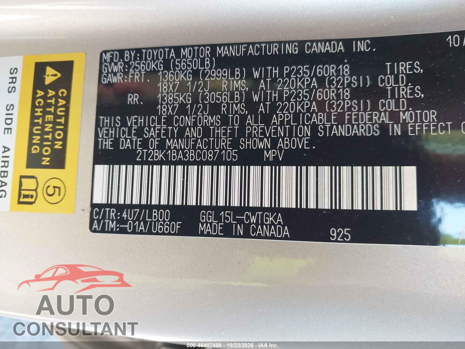 LEXUS RX 350 2011 - 2T2BK1BA3BC087105
