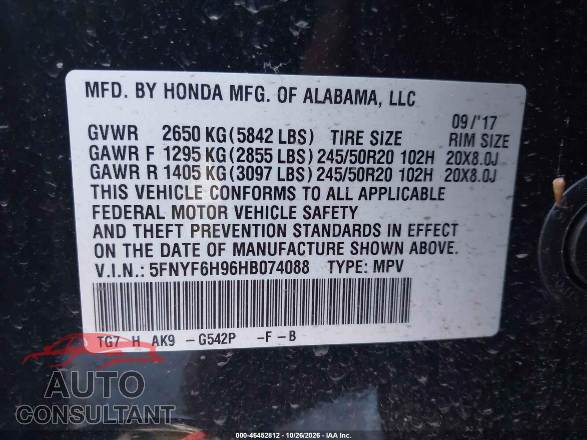 HONDA PILOT 2017 - 5FNYF6H96HB074088
