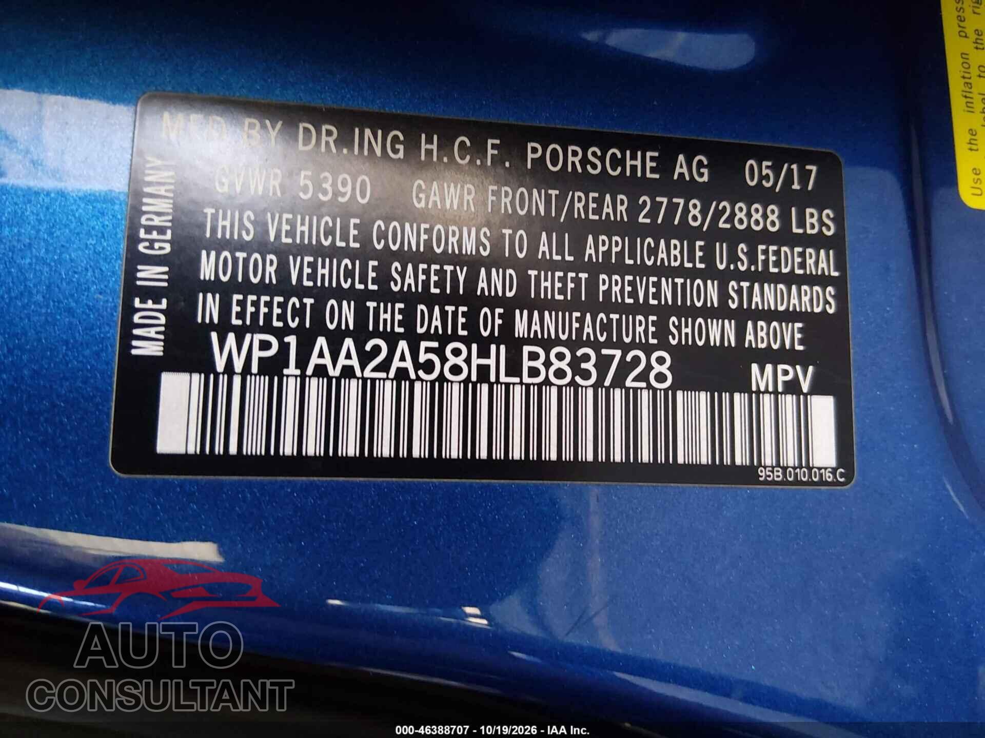 PORSCHE MACAN 2017 - WP1AA2A58HLB83728