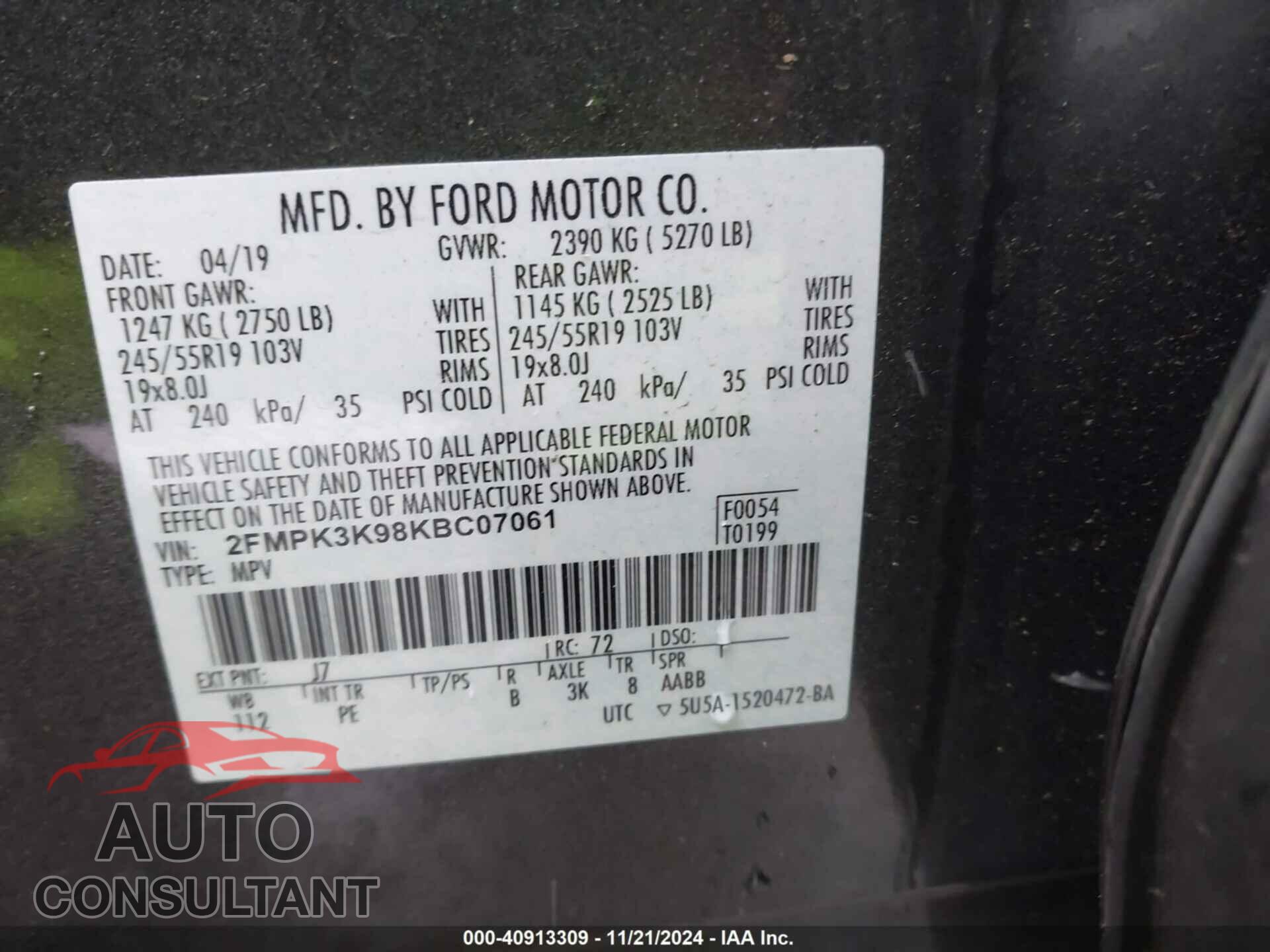 FORD EDGE 2019 - 2FMPK3K98KBC07061