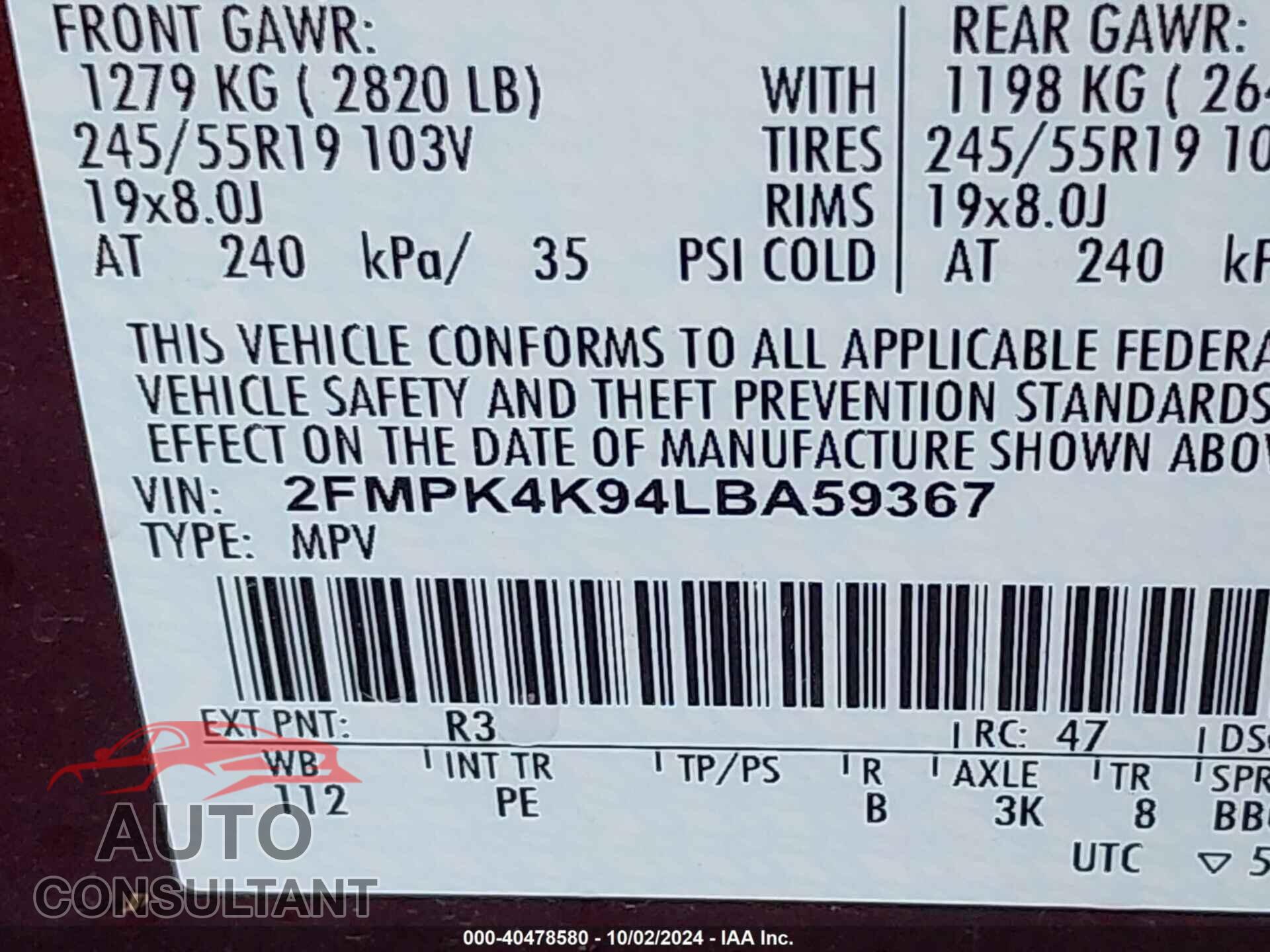 FORD EDGE 2020 - 2FMPK4K94LBA59367