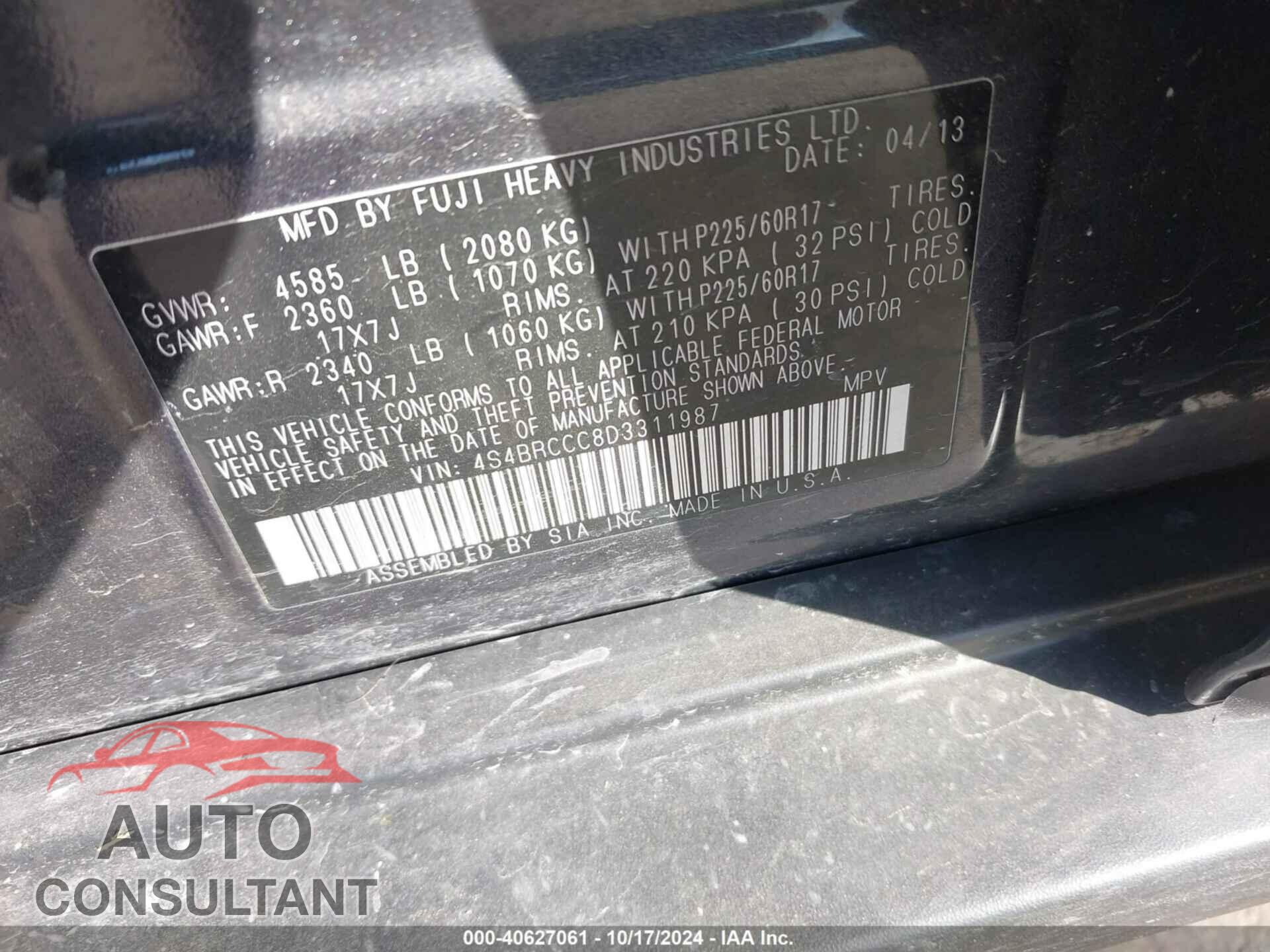 SUBARU OUTBACK 2013 - 4S4BRCCC8D3311987