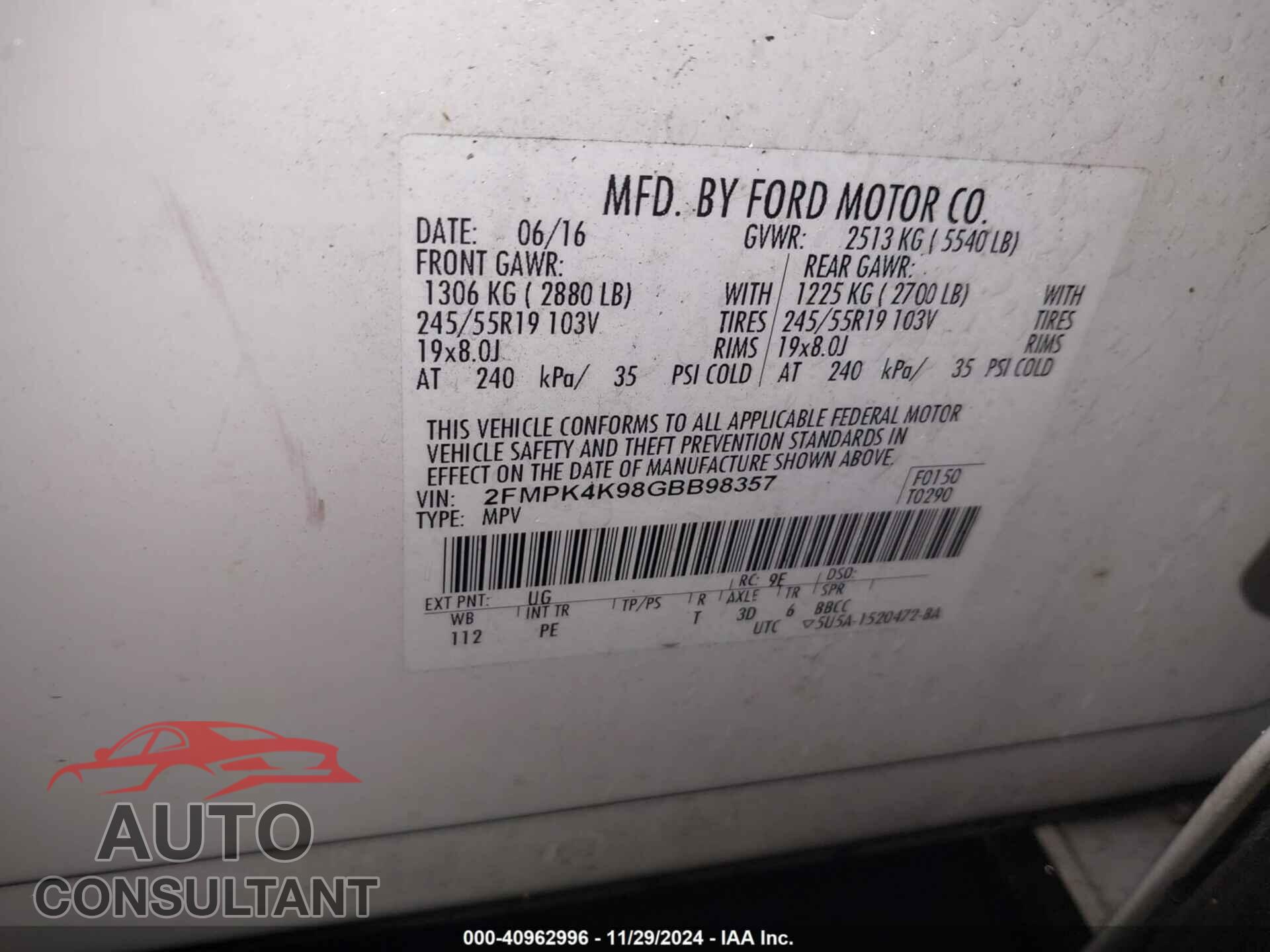 FORD EDGE 2016 - 2FMPK4K98GBB98357