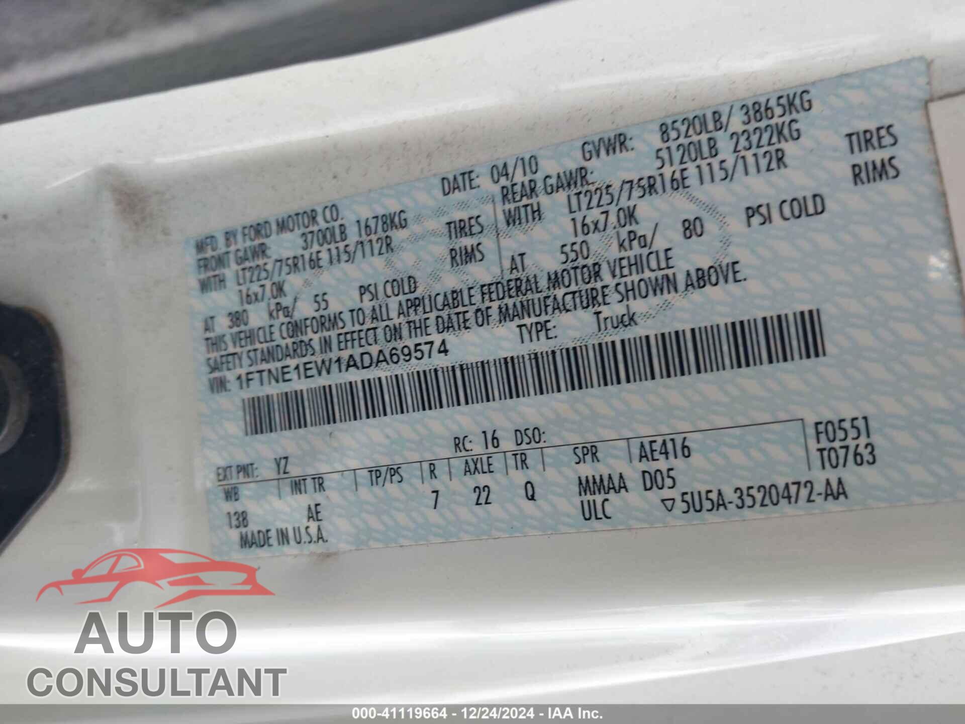 FORD E-150 2010 - 1FTNE1EW1ADA69574