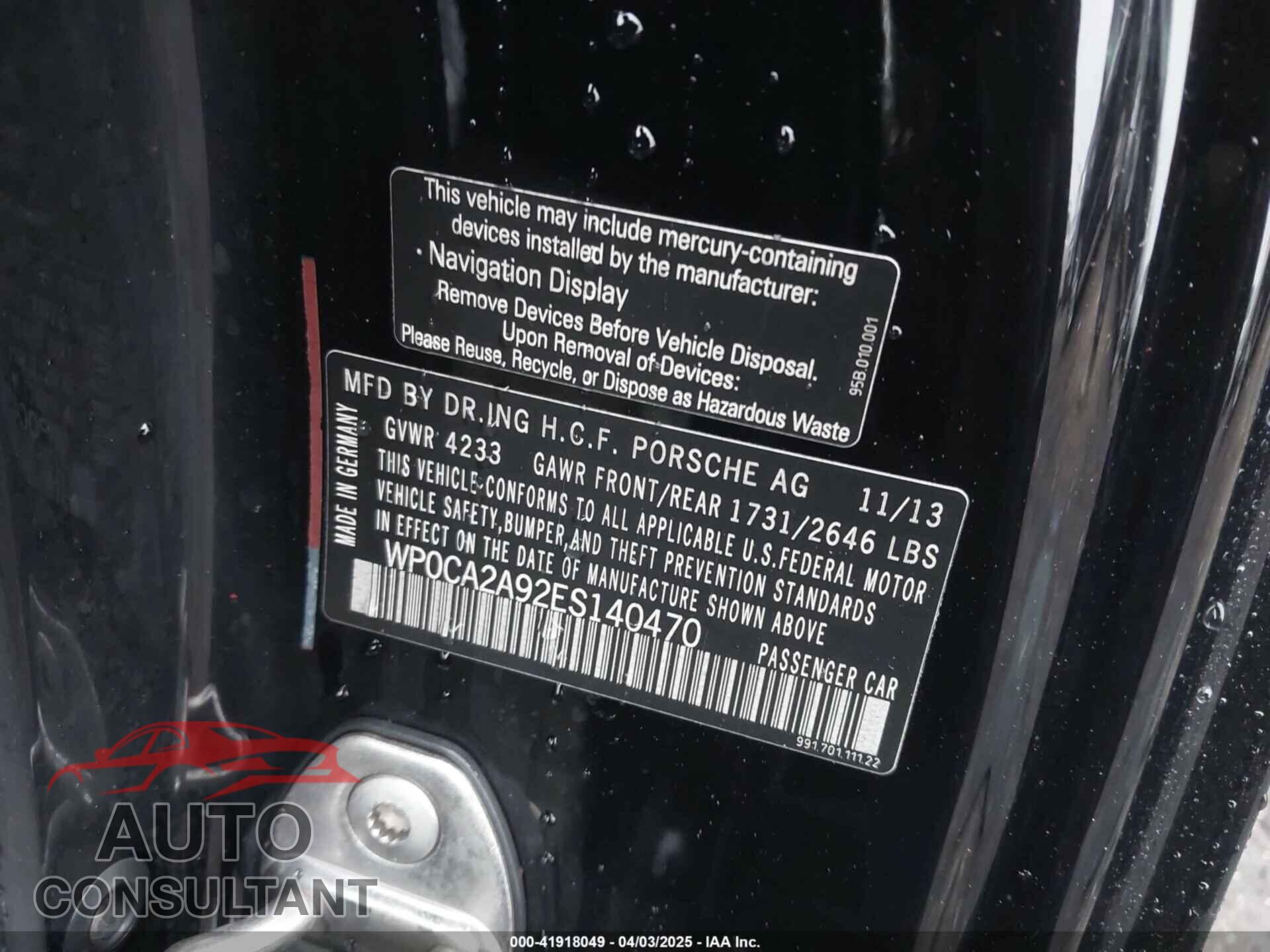 PORSCHE 911 2014 - WP0CA2A92ES140470