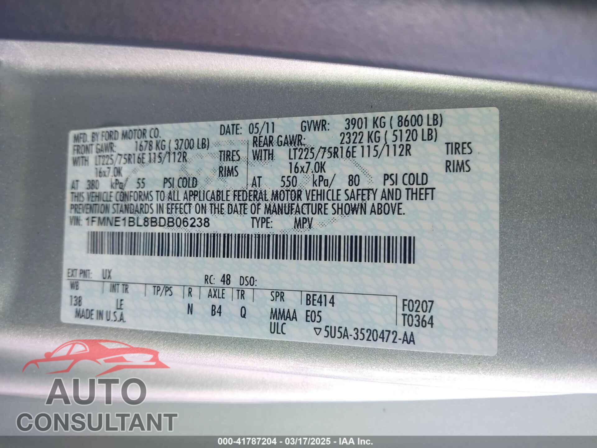 FORD E-150 2011 - 1FMNE1BL8BDB06238