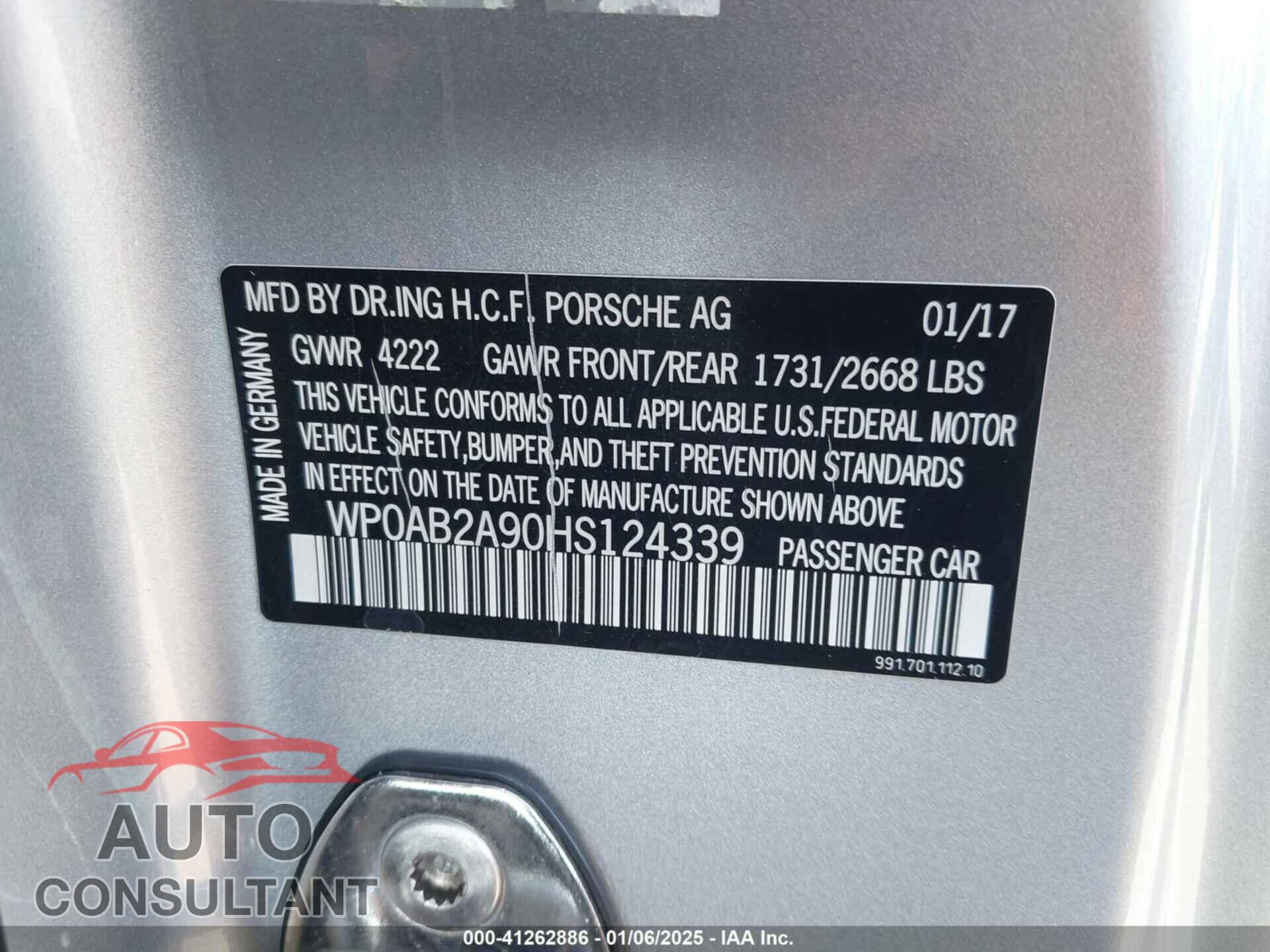 PORSCHE 911 2017 - WP0AB2A90HS124339