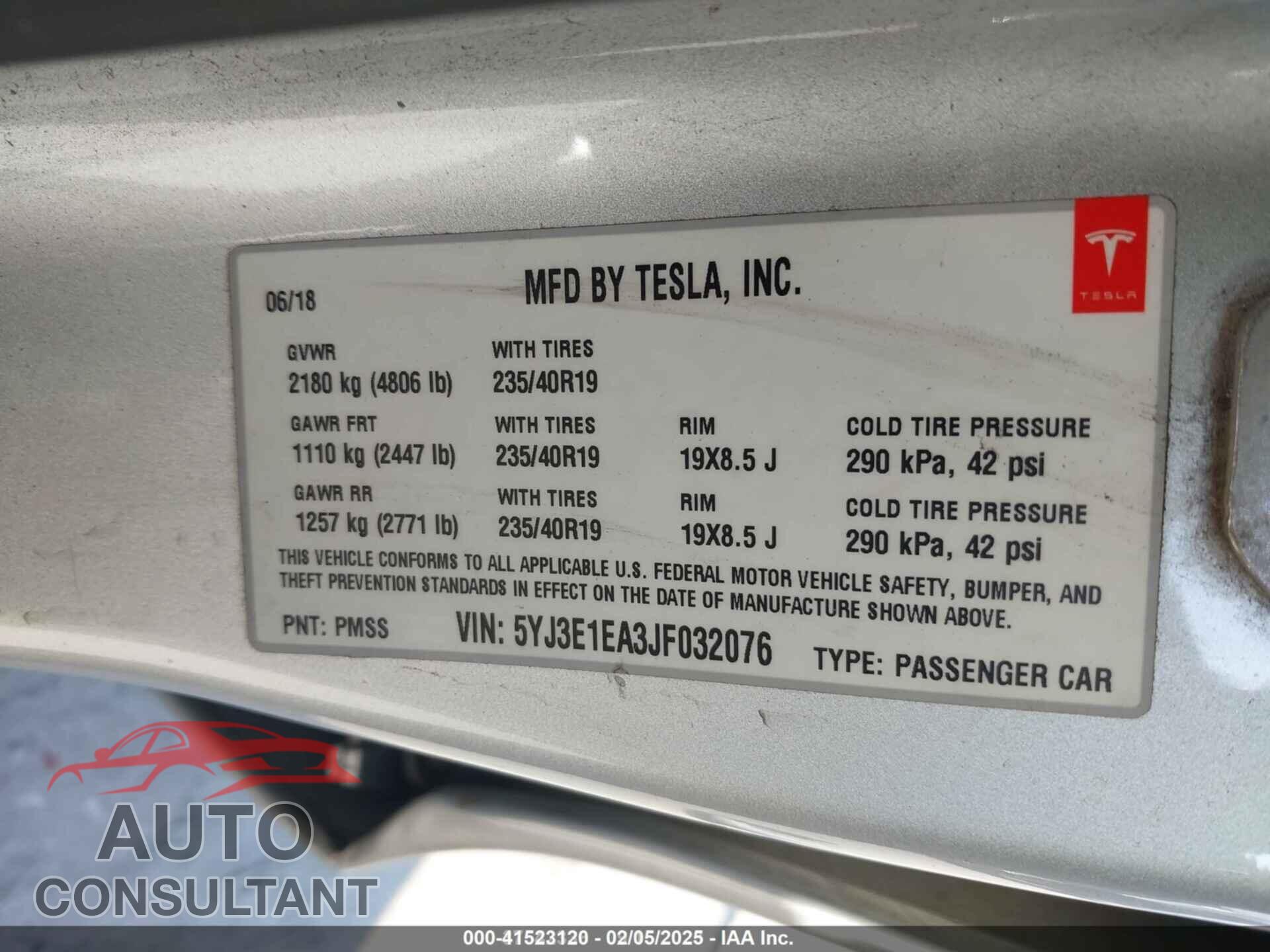 TESLA MODEL 3 2018 - 5YJ3E1EA3JF032076