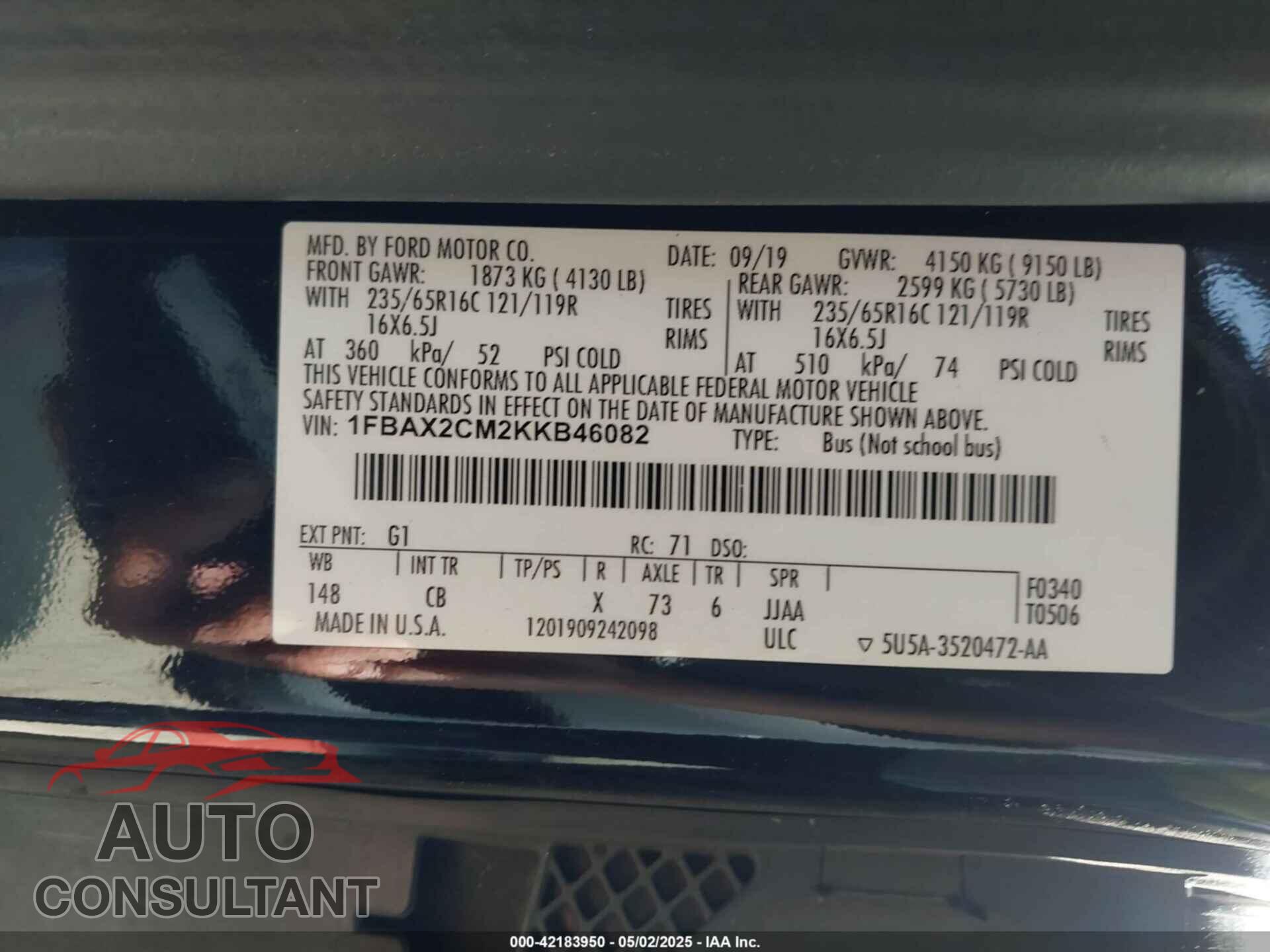 FORD TRANSIT-350 2019 - 1FBAX2CM2KKB46082