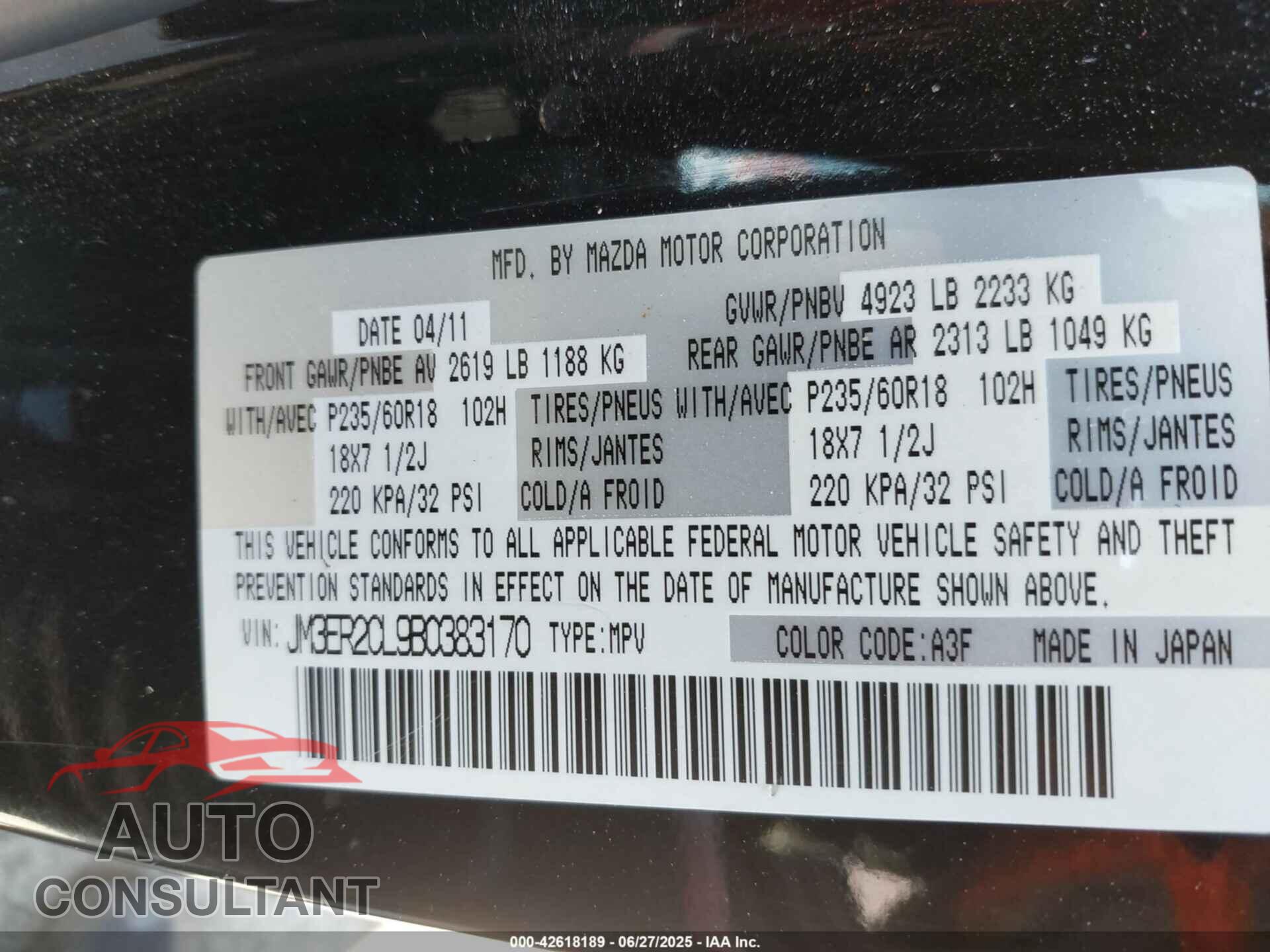 MAZDA CX-7 2011 - JM3ER2CL9B0383170
