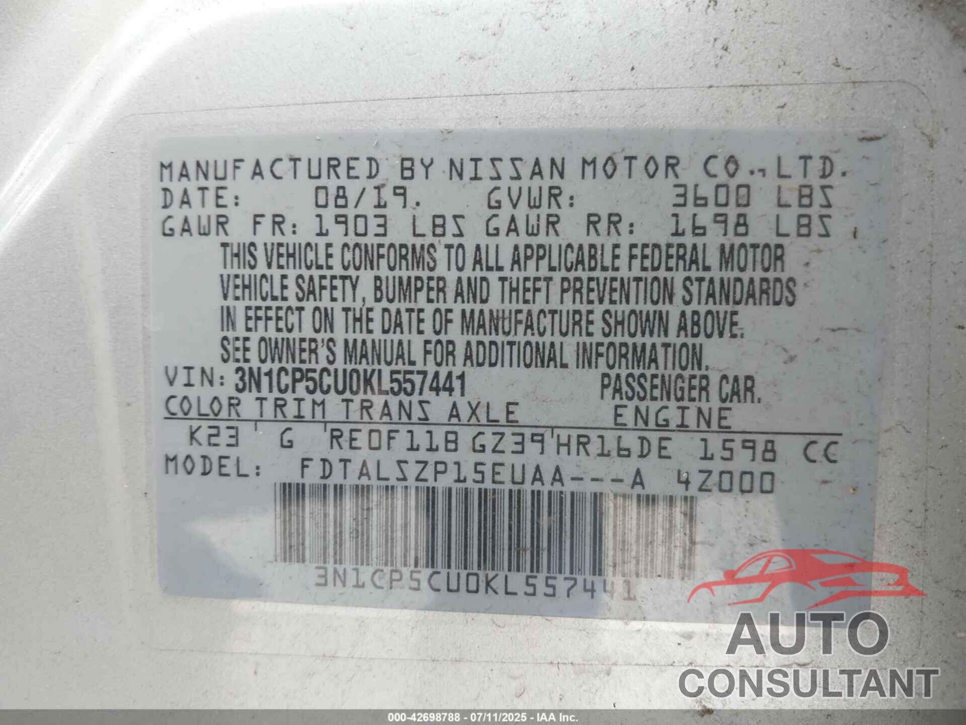 NISSAN KICKS 2019 - 3N1CP5CU0KL557441