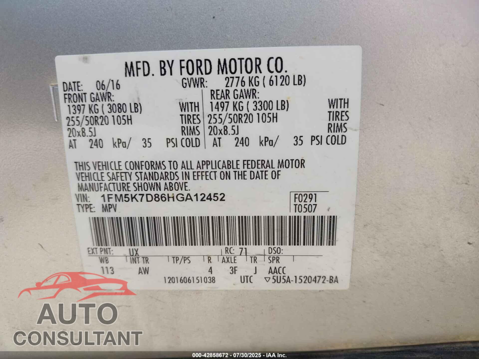 FORD EXPLORER 2017 - 1FM5K7D86HGA12452