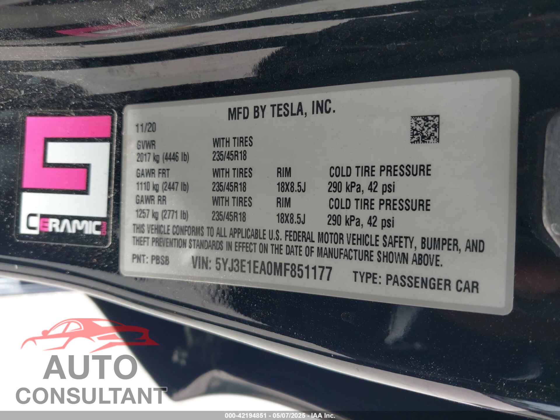TESLA MODEL 3 2021 - 5YJ3E1EA0MF851177