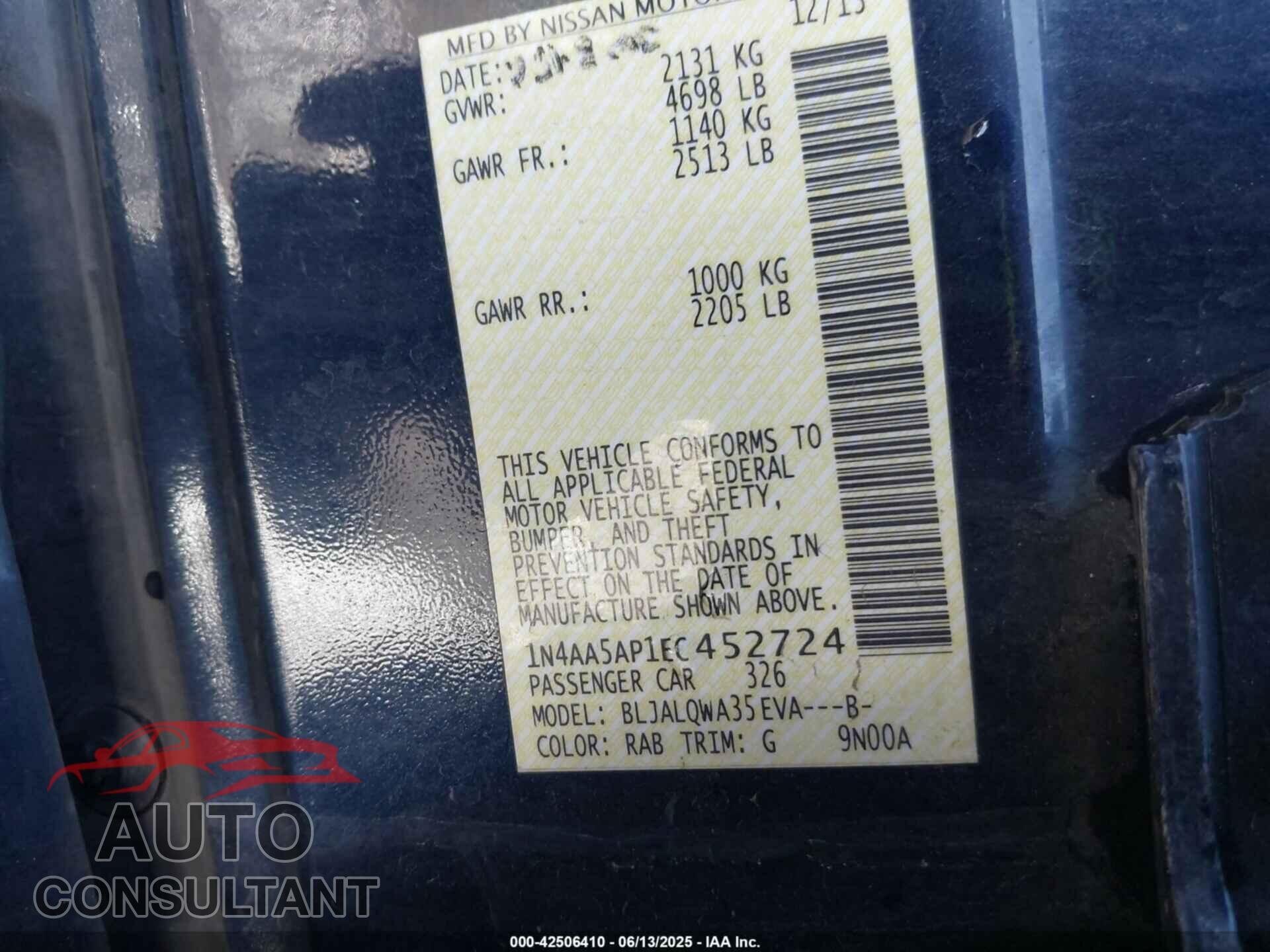 NISSAN MAXIMA 2014 - 1N4AA5AP1EC452724