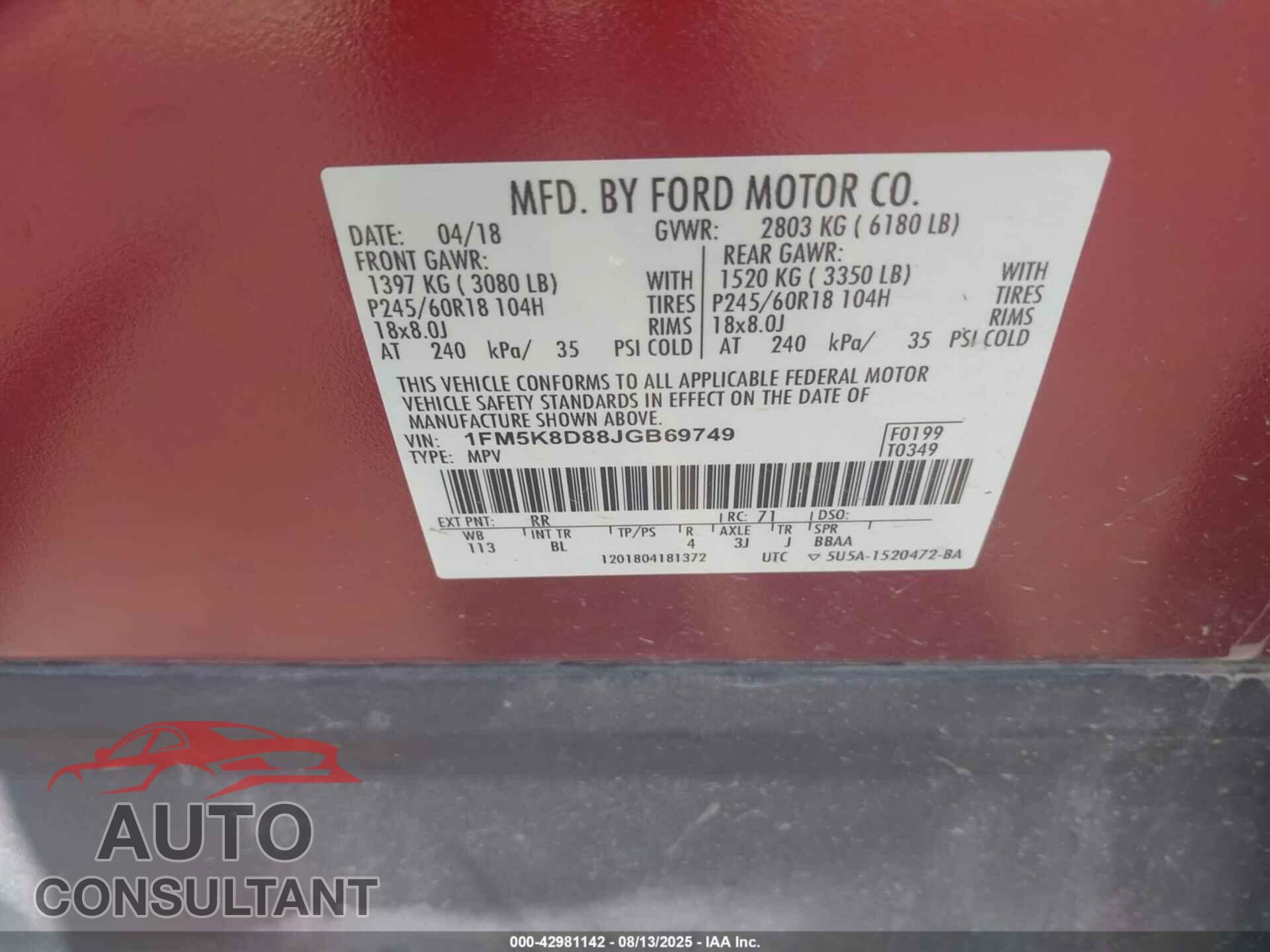 FORD EXPLORER 2018 - 1FM5K8D88JGB69749