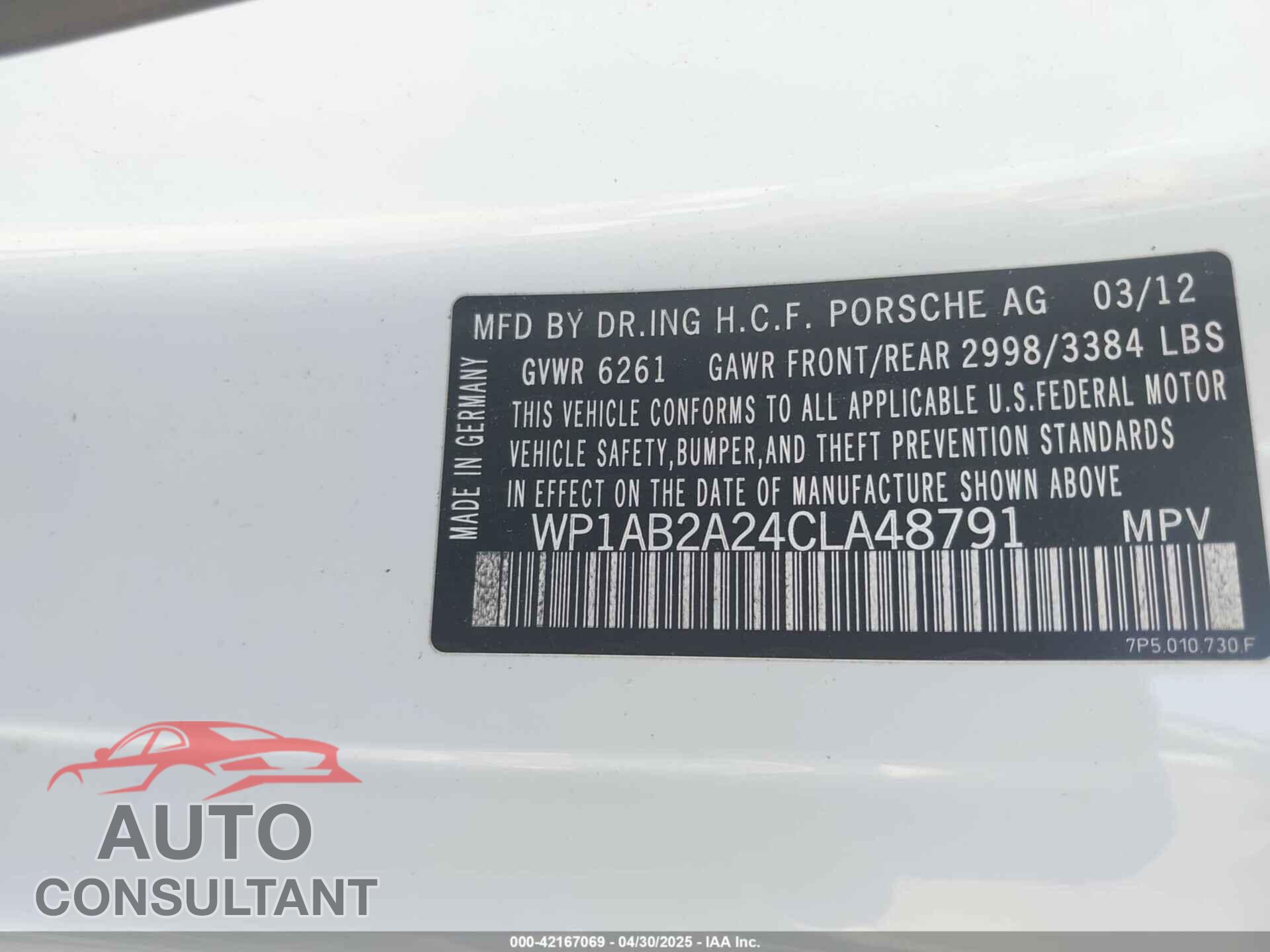 PORSCHE CAYENNE 2012 - WP1AB2A24CLA48791