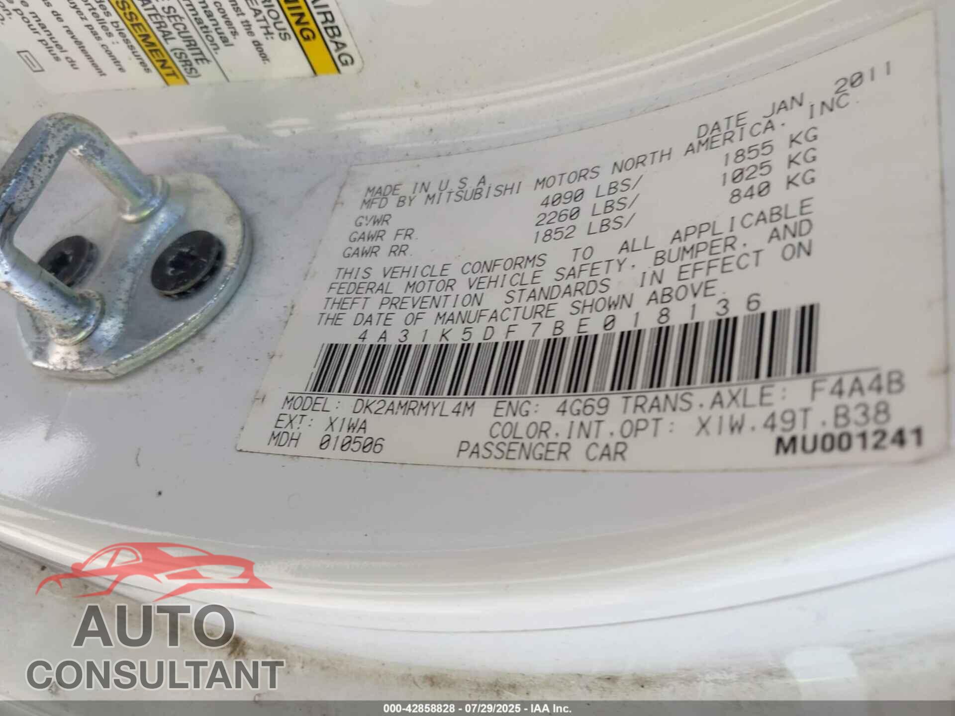 MITSUBISHI ECLIPSE 2011 - 4A31K5DF7BE018136