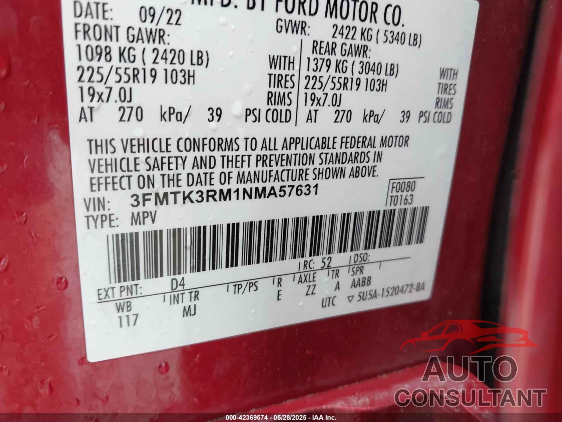 FORD MUSTANG MACH-E 2022 - 3FMTK3RM1NMA57631