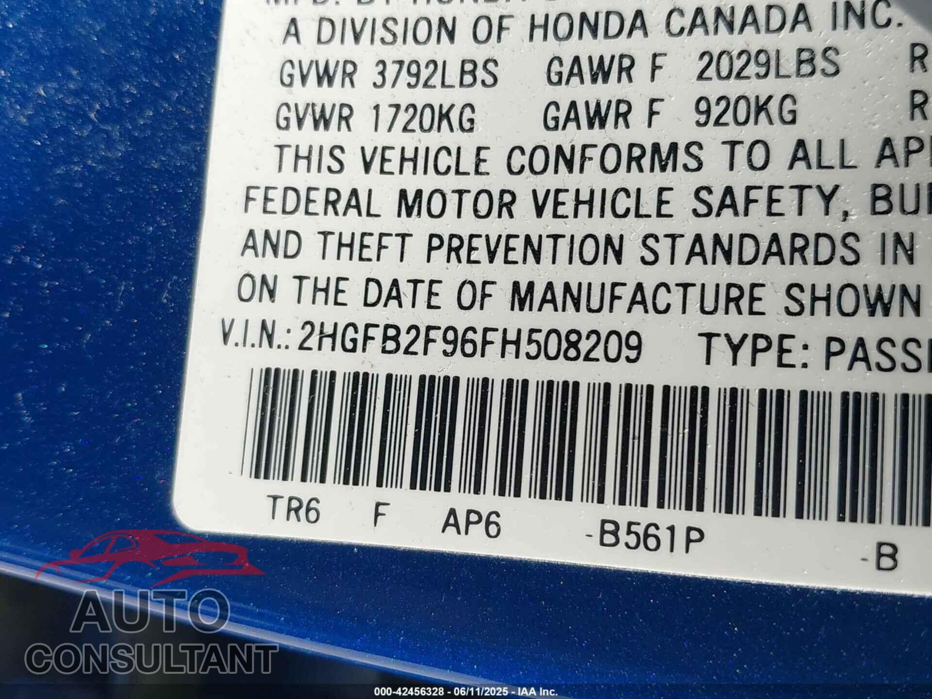 HONDA CIVIC 2015 - 2HGFB2F96FH508209