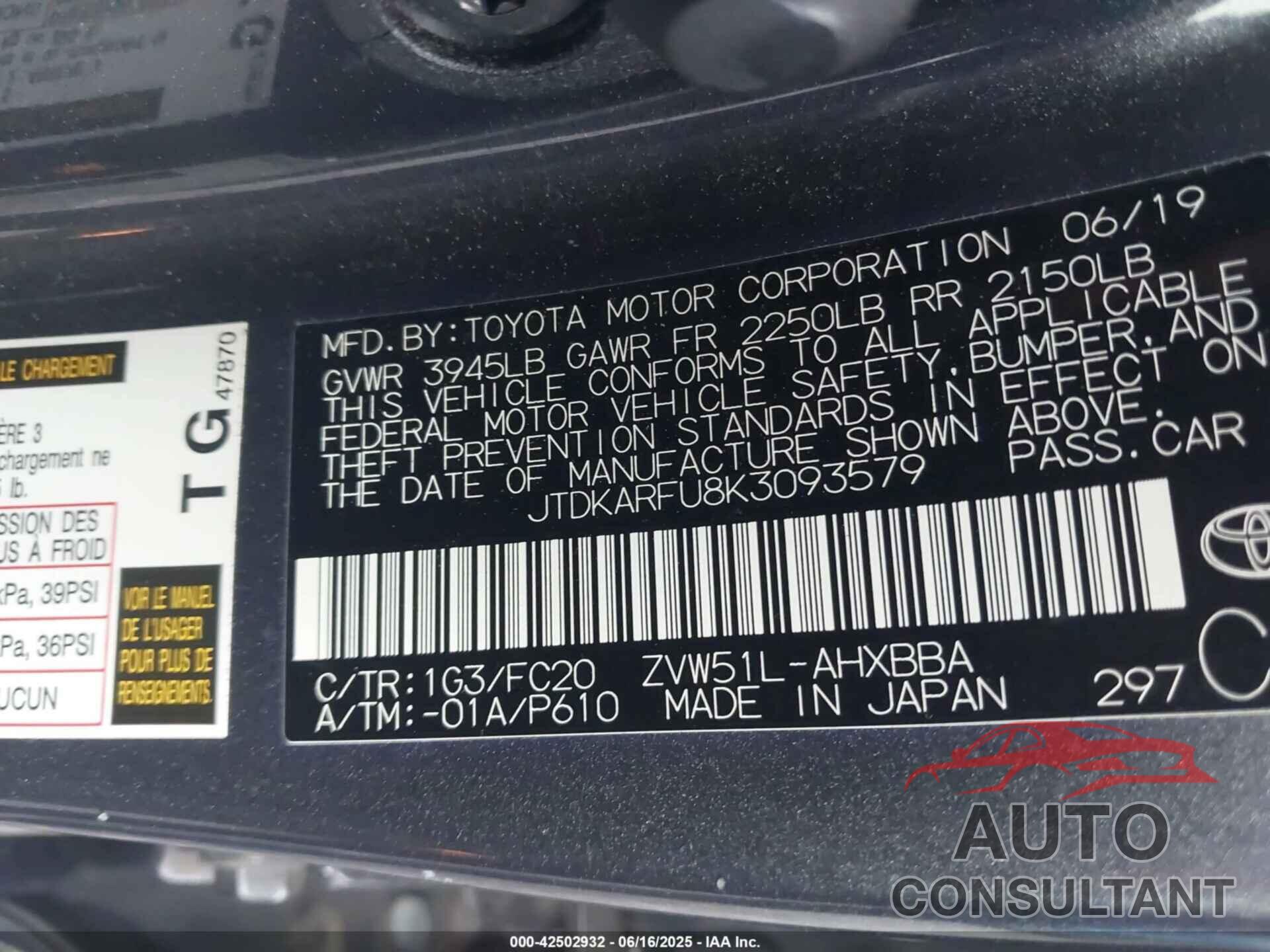 TOYOTA PRIUS 2019 - JTDKARFU8K3093579