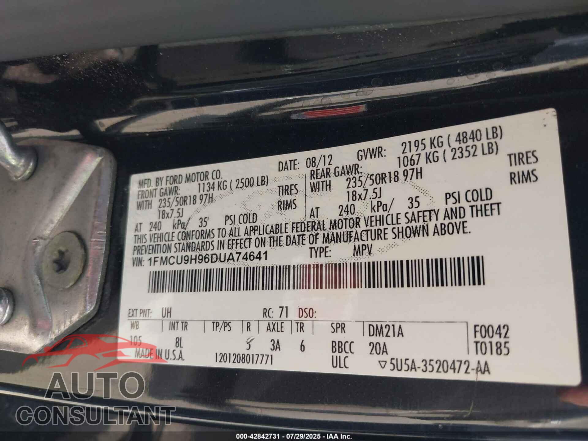 FORD ESCAPE 2013 - 1FMCU9H96DUA74641