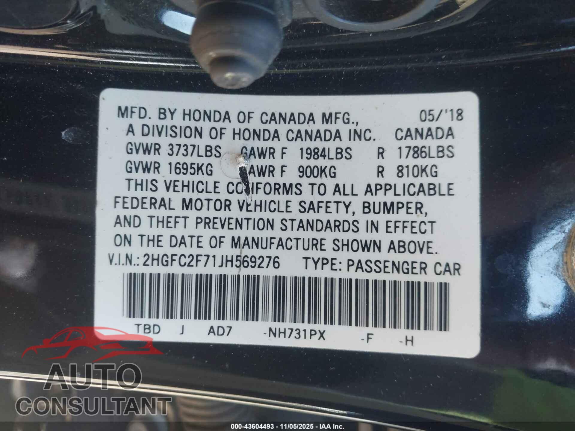 HONDA CIVIC 2018 - 2HGFC2F71JH569276