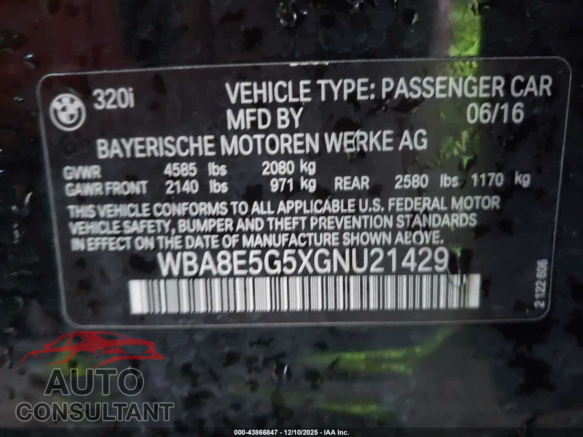 BMW 320I 2016 - WBA8E5G5XGNU21429