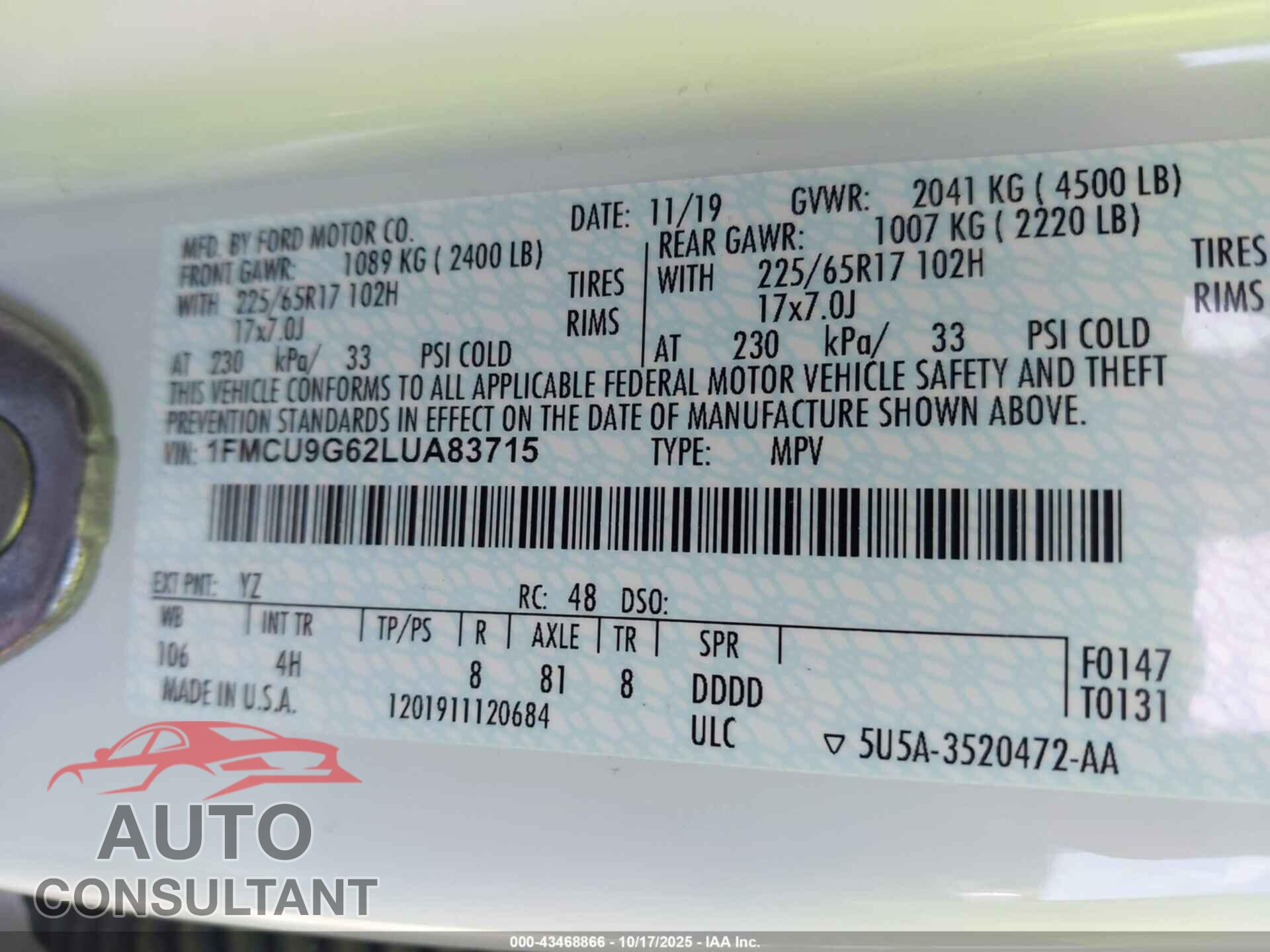 FORD ESCAPE 2020 - 1FMCU9G62LUA83715