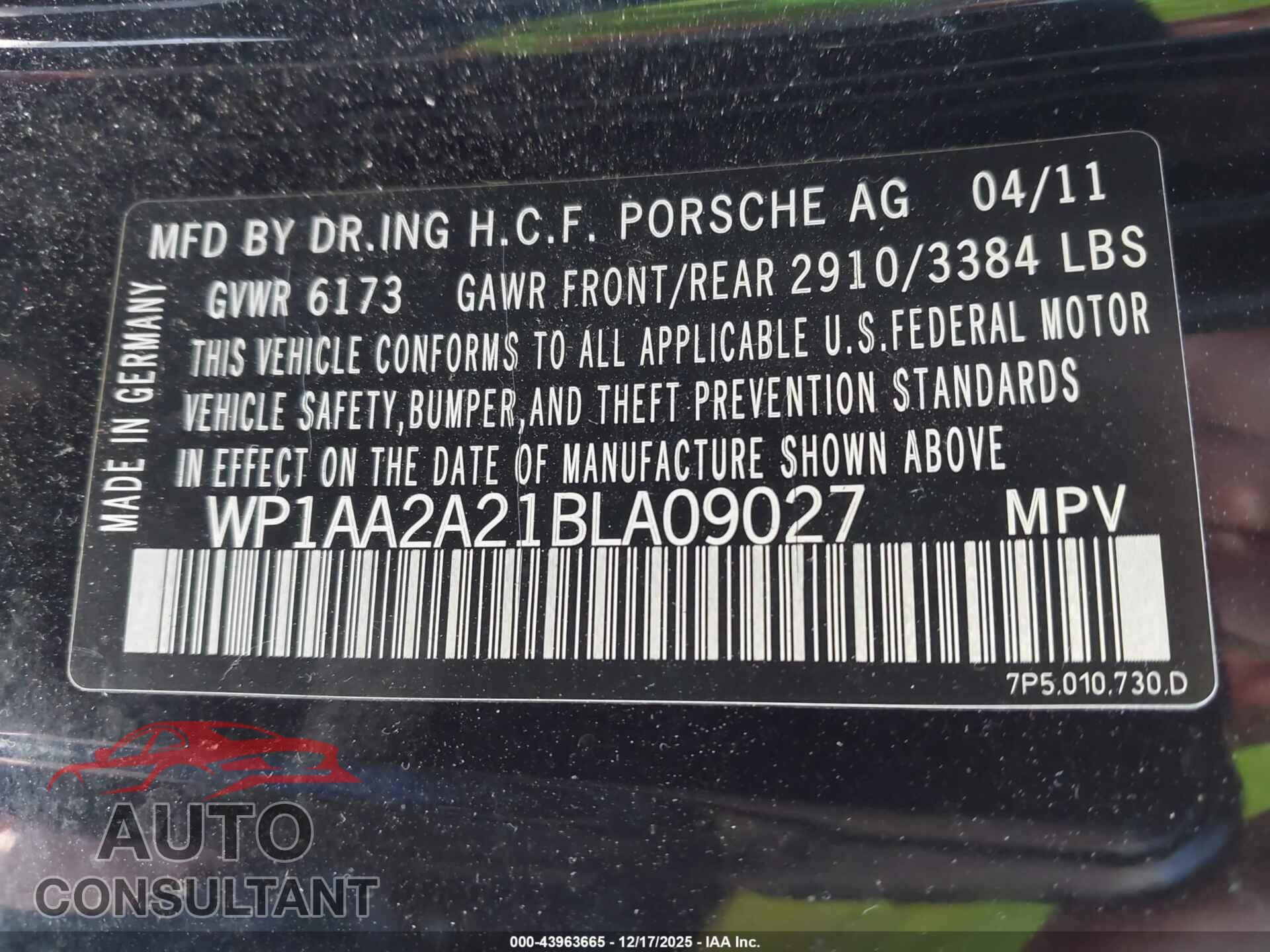 PORSCHE CAYENNE 2011 - WP1AA2A21BLA09027