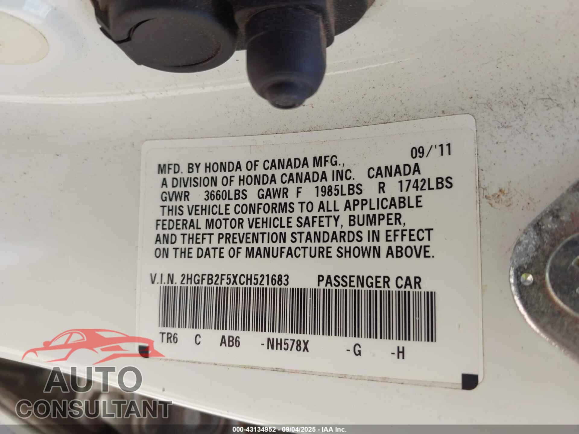 HONDA CIVIC 2012 - 2HGFB2F5XCH521683