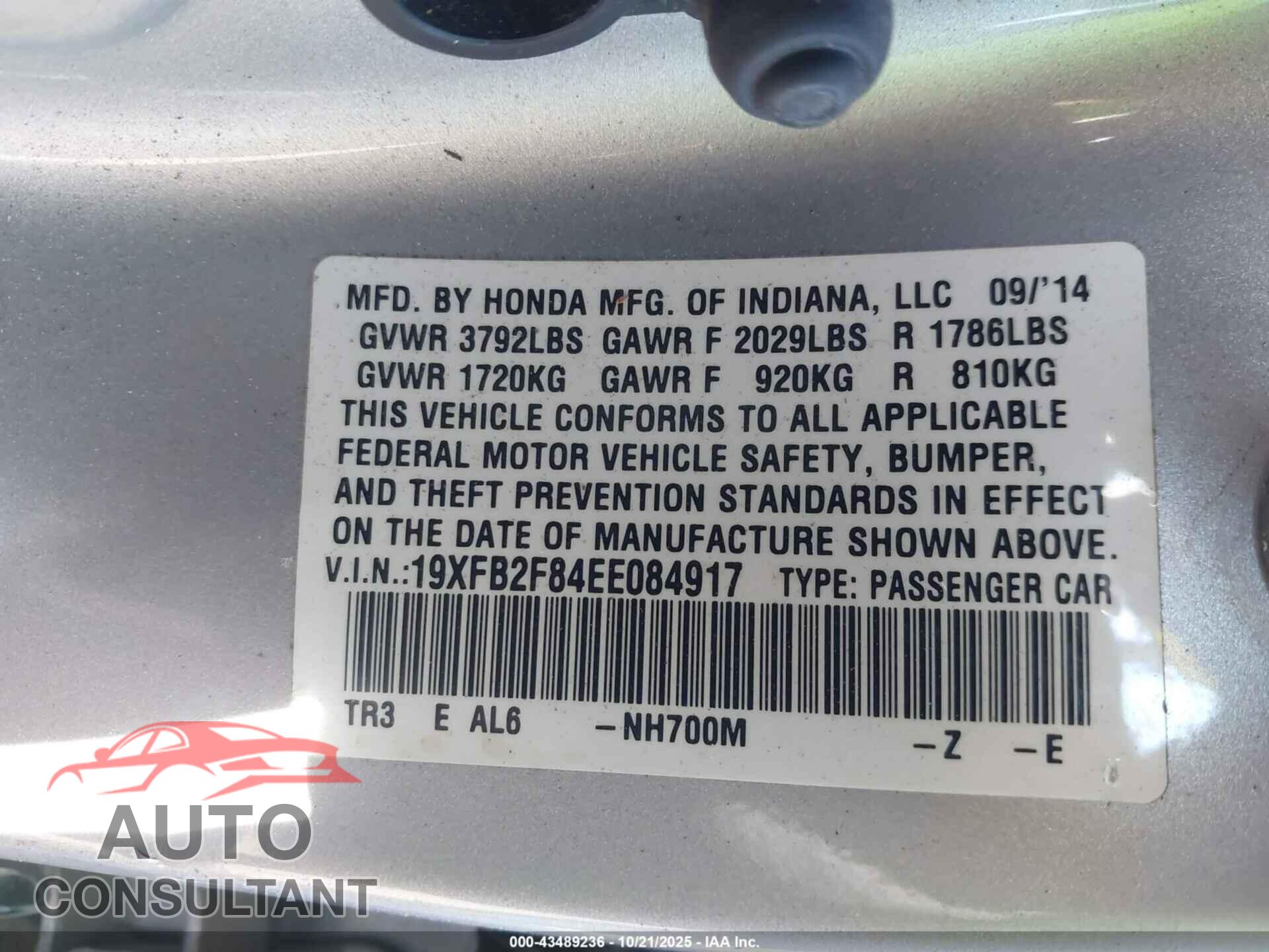 HONDA CIVIC 2014 - 19XFB2F84EE084917