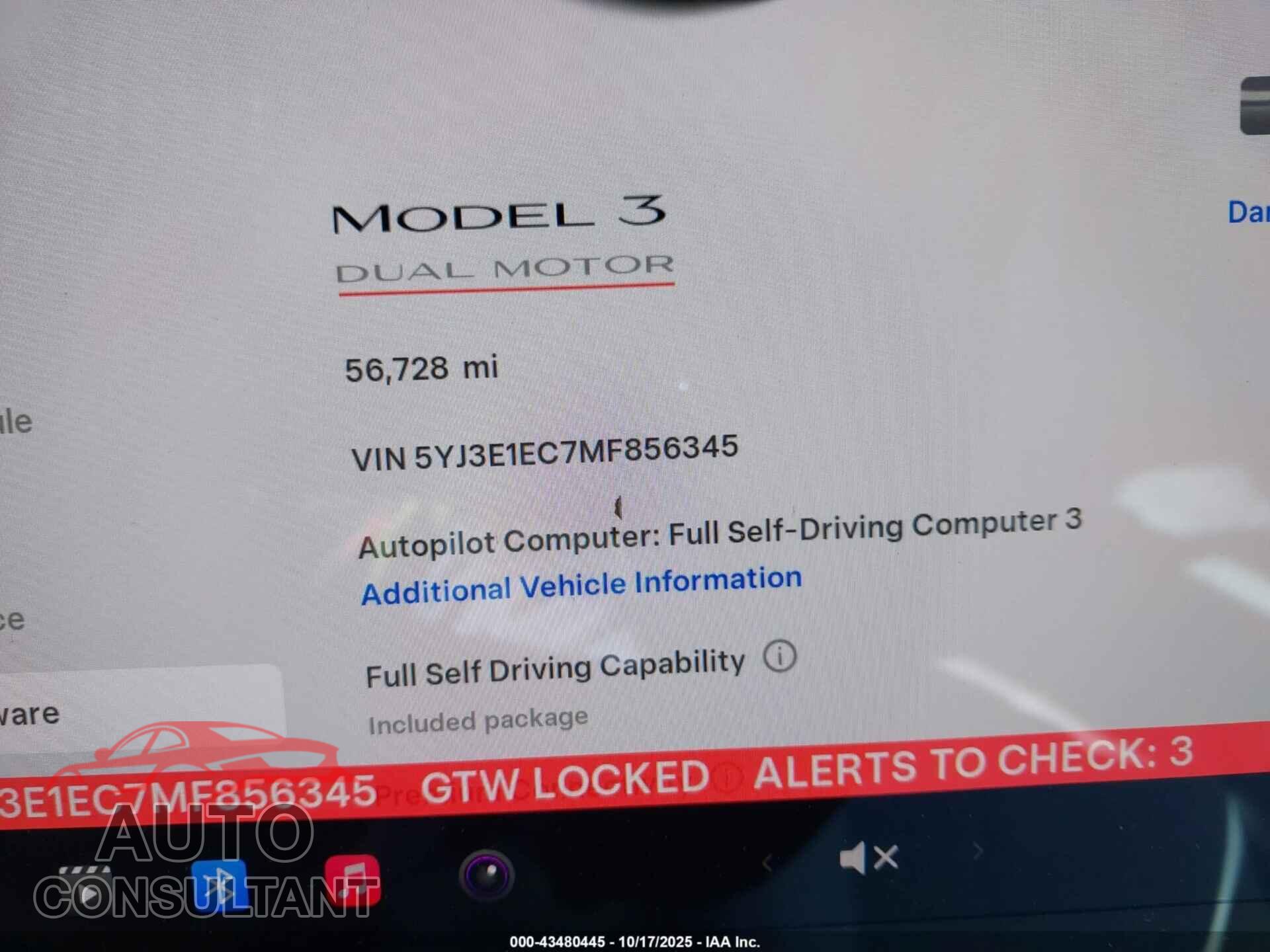 TESLA MODEL 3 2021 - 5YJ3E1EC7MF856345