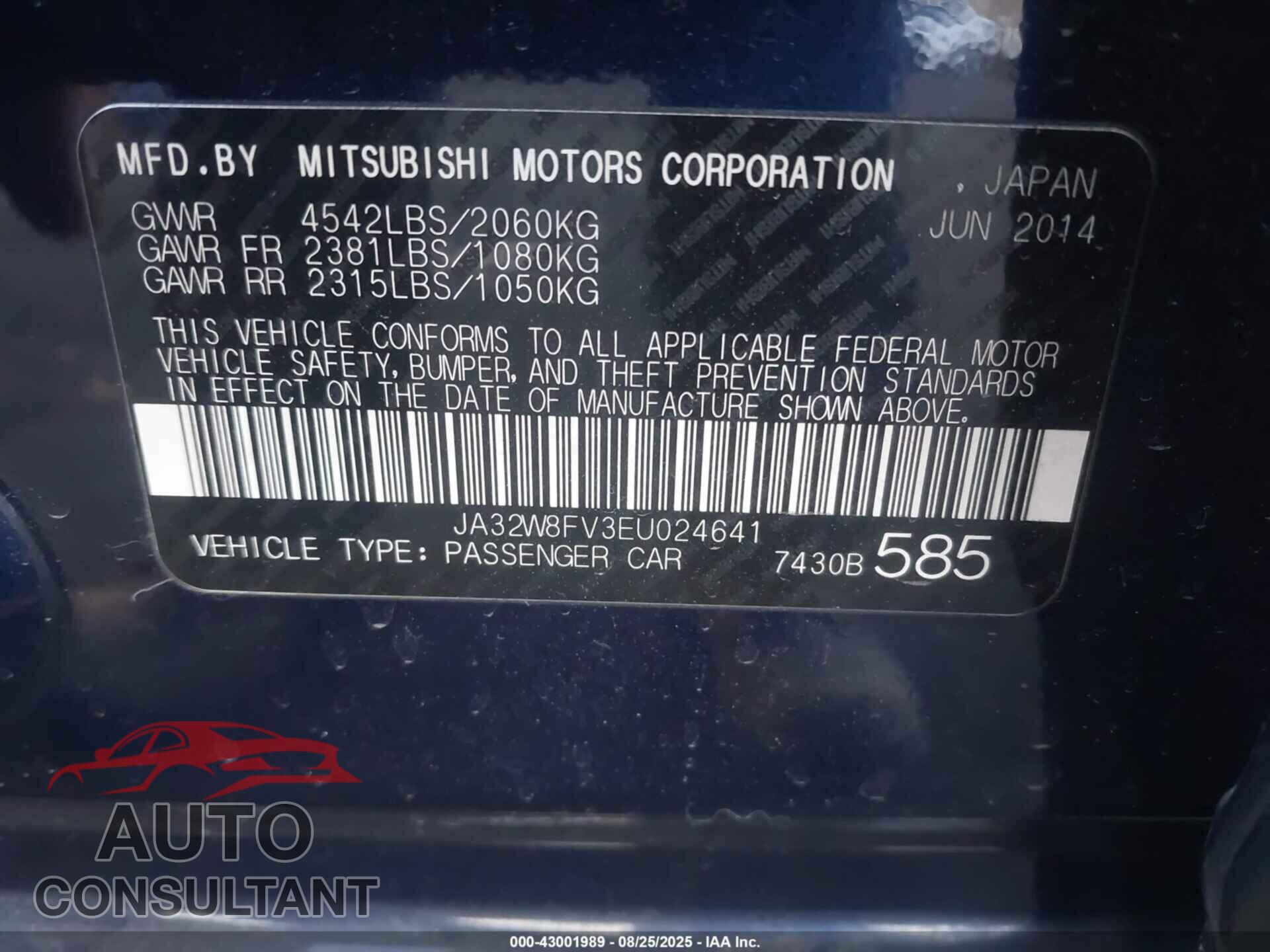 MITSUBISHI LANCER EVOLUTION 2014 - JA32W8FV3EU024641