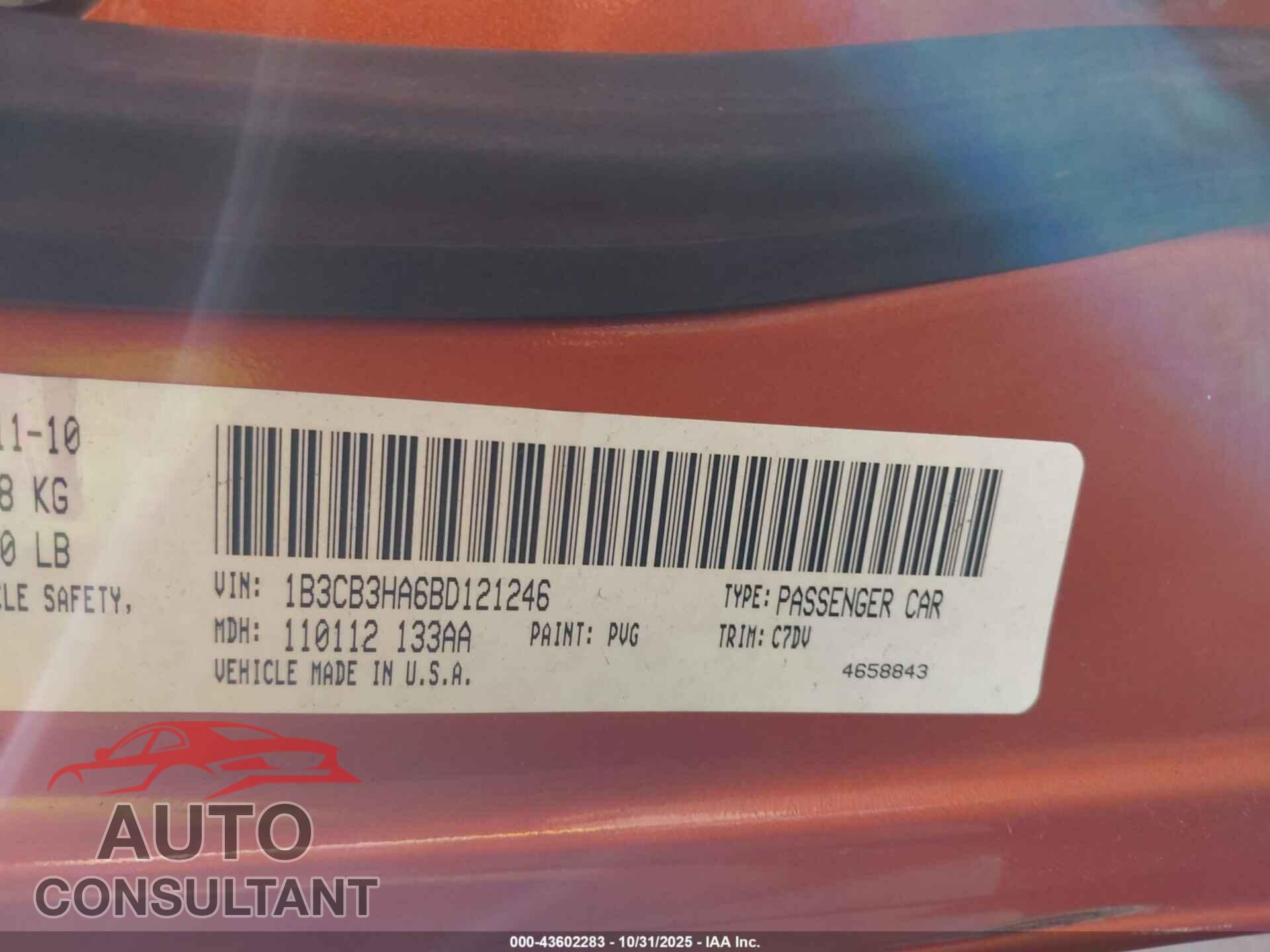 DODGE CALIBER 2011 - 1B3CB3HA6BD121246