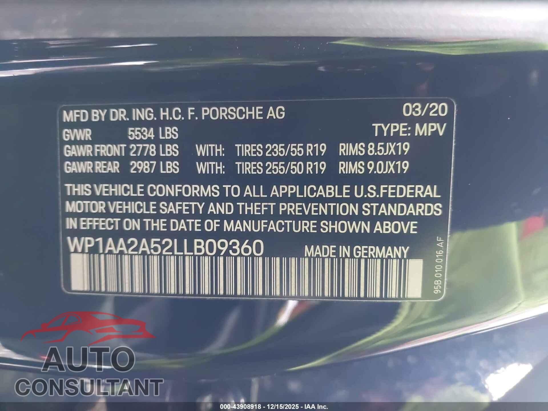 PORSCHE MACAN 2020 - WP1AA2A52LLB09360