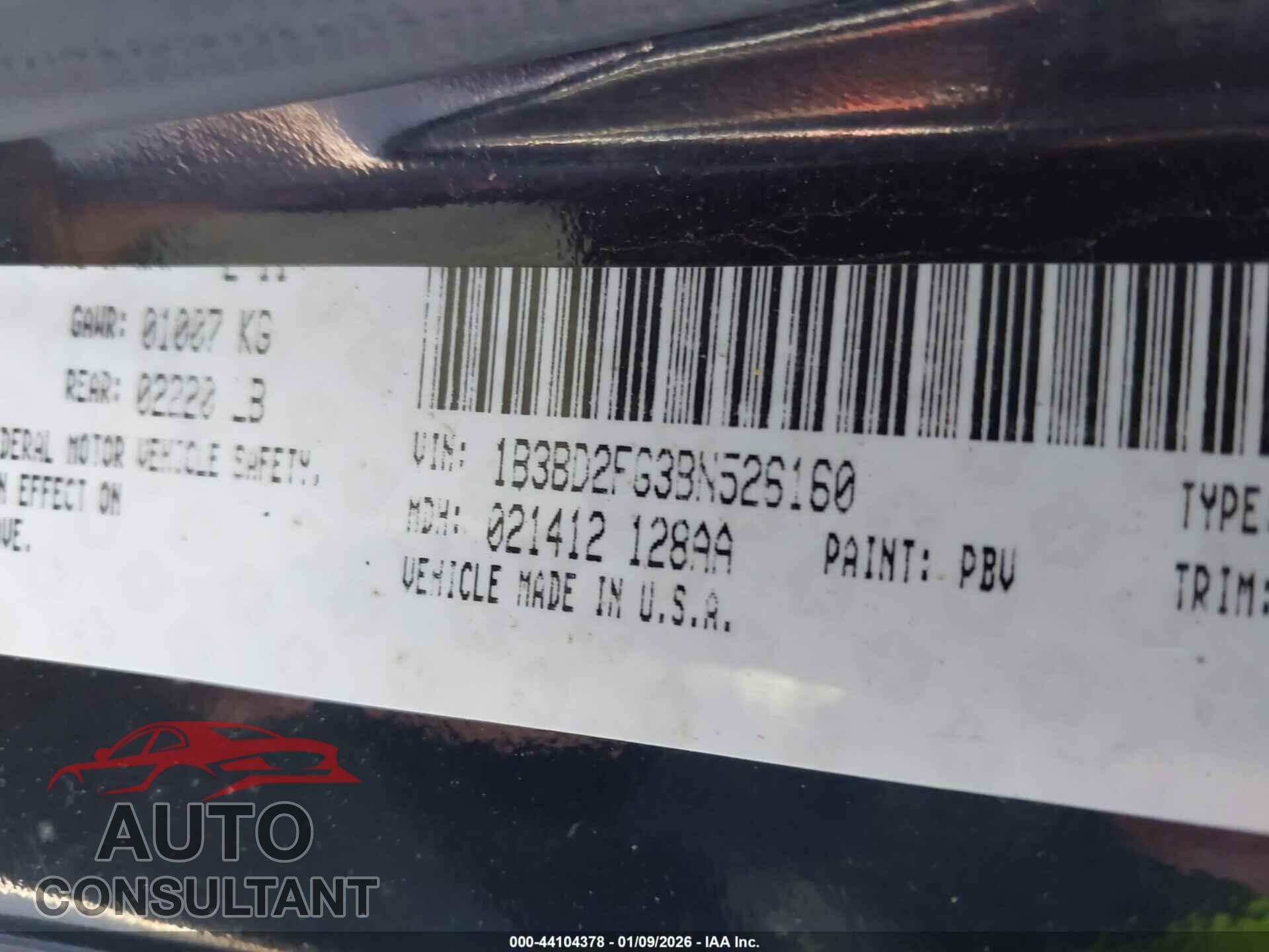 DODGE AVENGER 2011 - 1B3BD2FG3BN526160