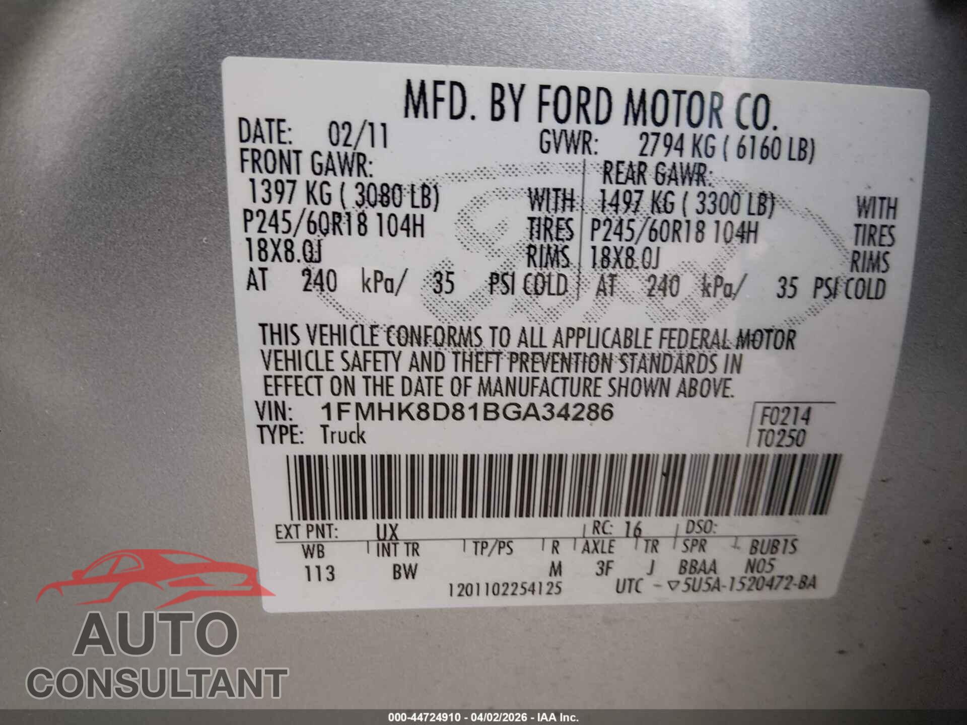 FORD EXPLORER 2011 - 1FMHK8D81BGA34286