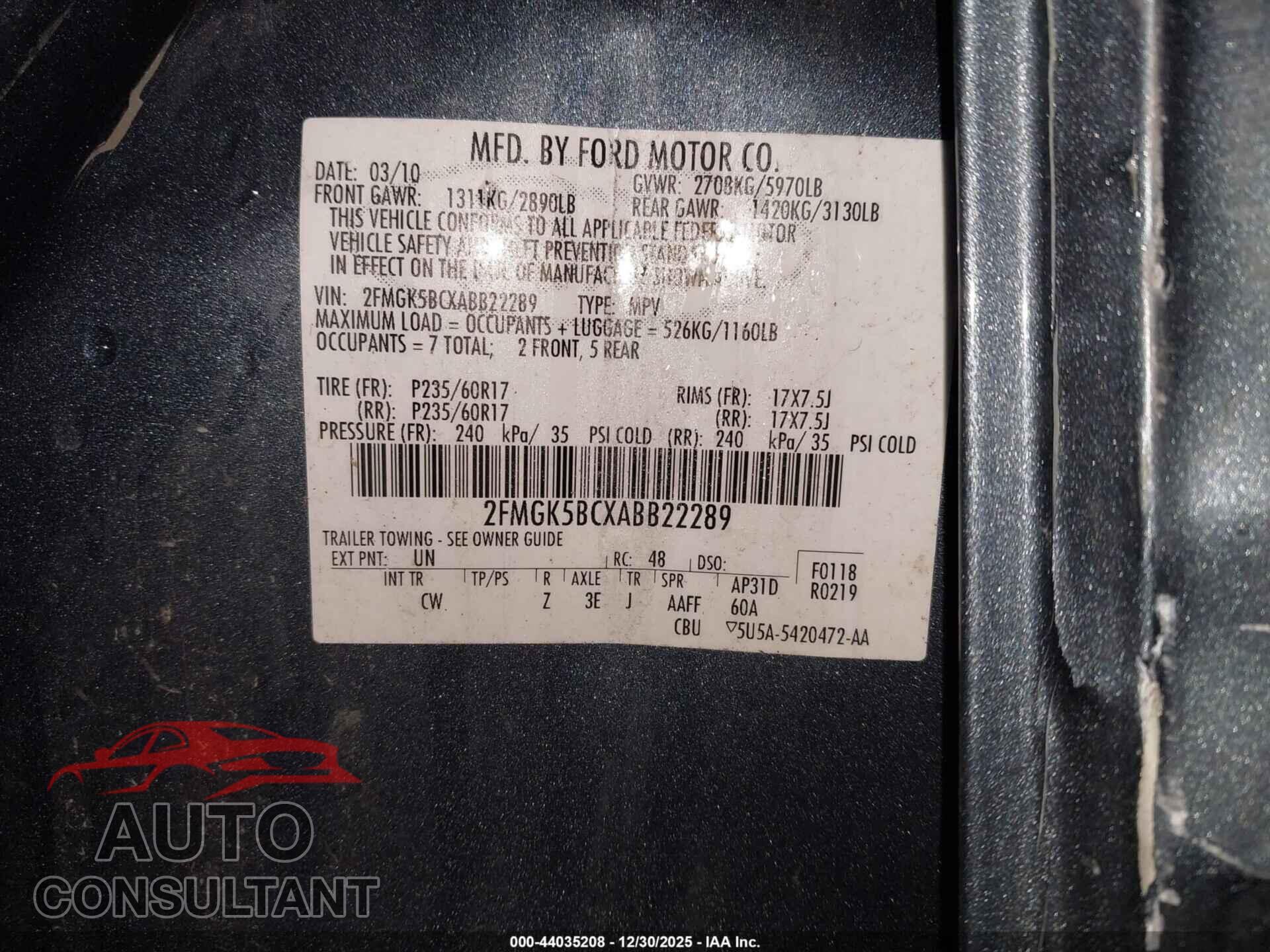 FORD FLEX 2010 - 2FMGK5BCXABB22289