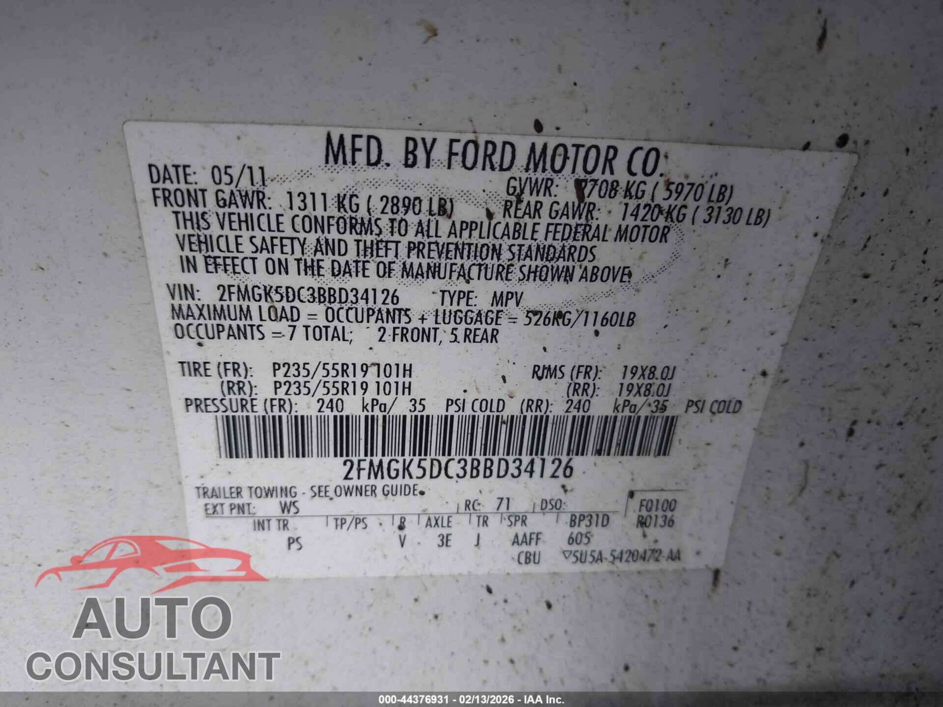 FORD FLEX 2011 - 2FMGK5DC3BBD34126