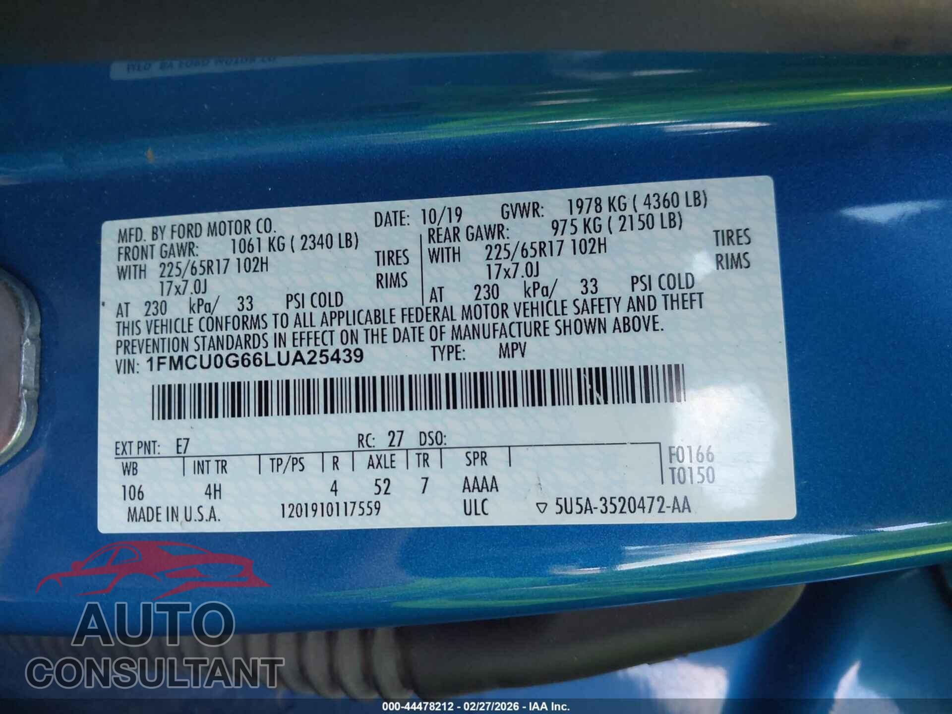 FORD ESCAPE 2020 - 1FMCU0G66LUA25439
