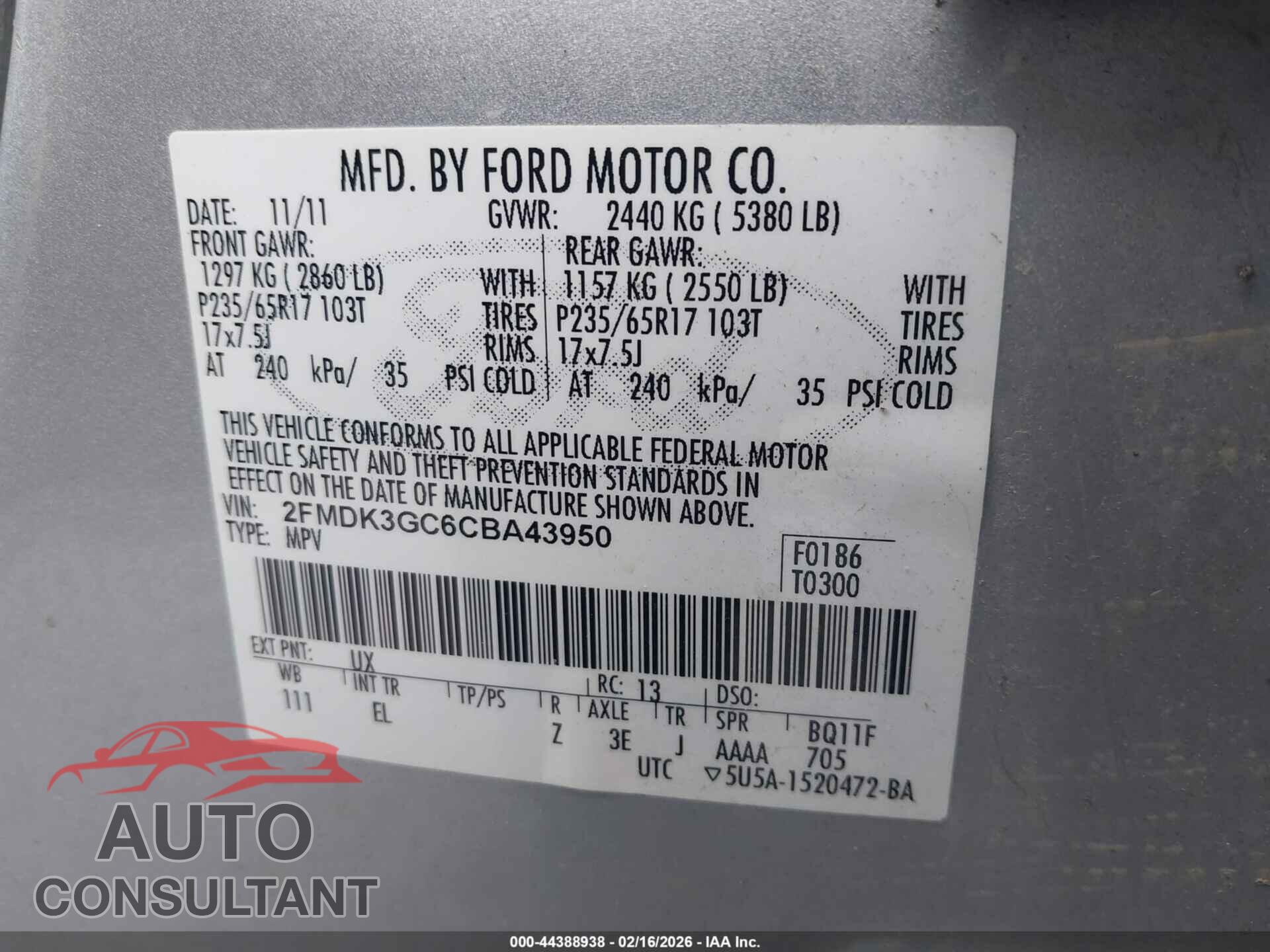 FORD EDGE 2012 - 2FMDK3GC6CBA43950