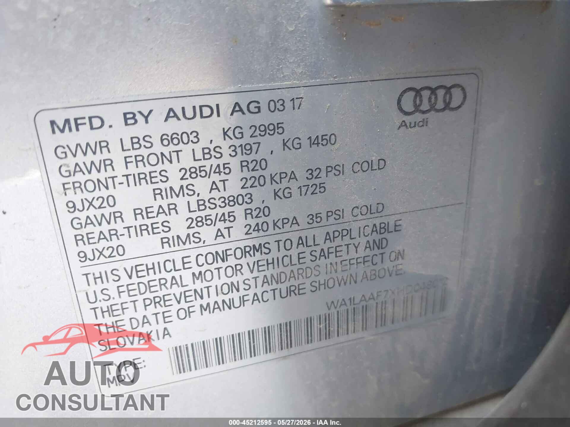 AUDI Q7 2017 - WA1LAAF7XHD048012